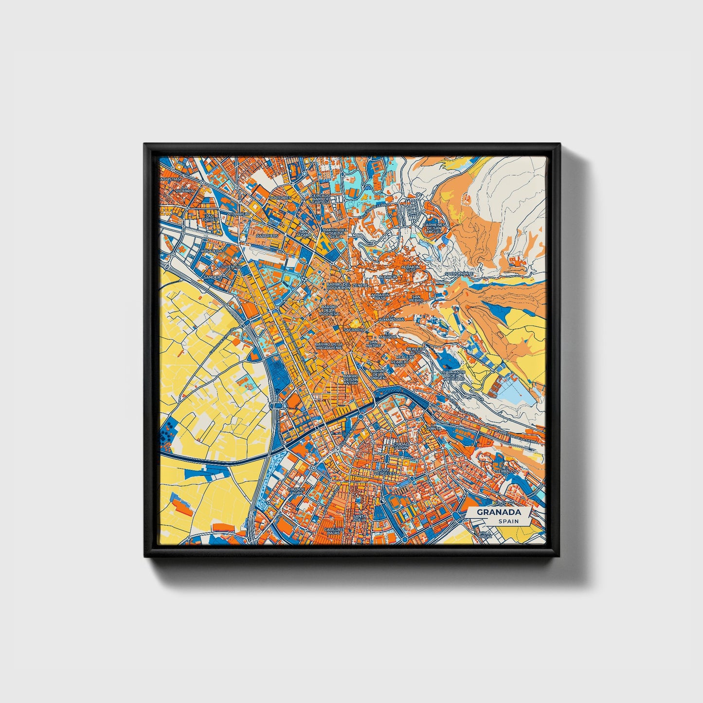 Granada Spain Colorful City Map Canvas Print • Black Framed