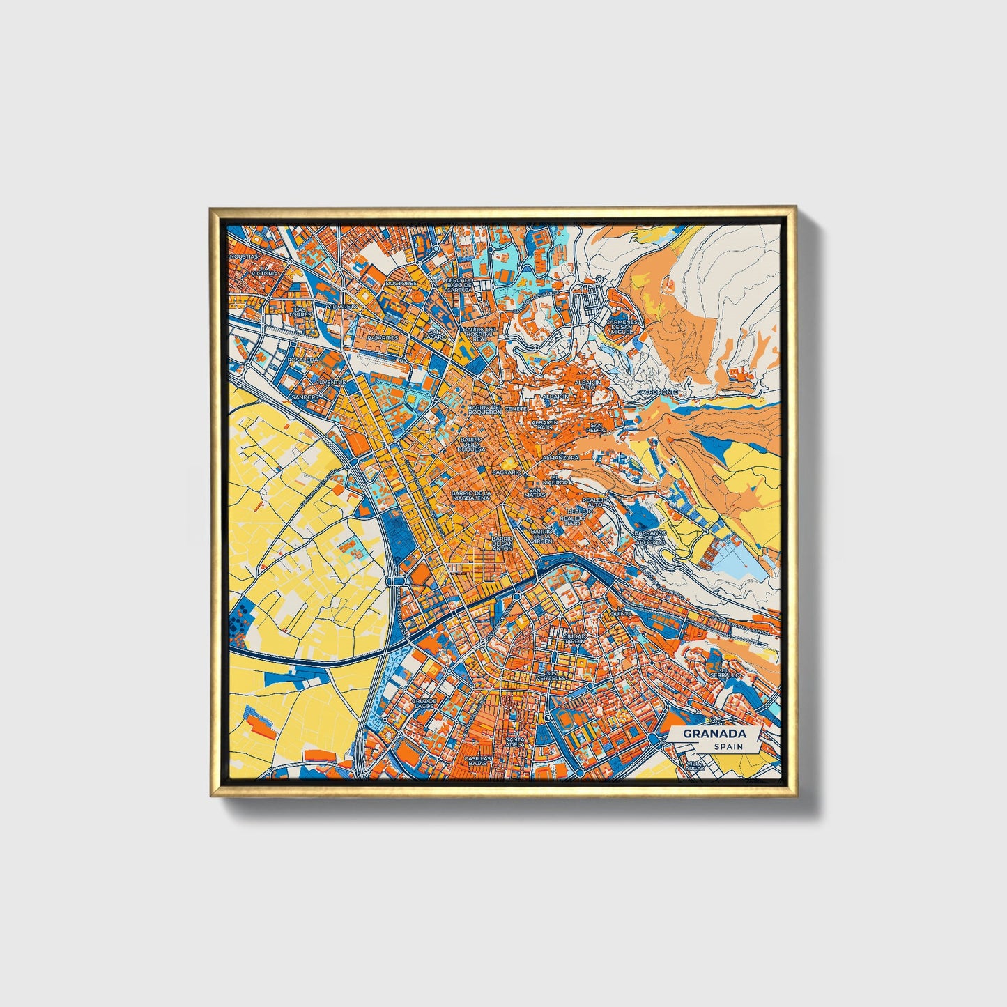 Granada Spain Colorful City Map Canvas Print • Gold Framed