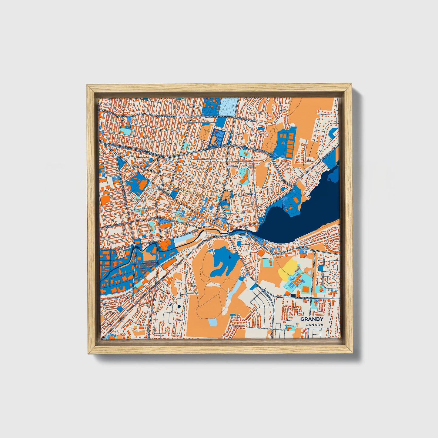 Granby Canada Colorful City Map Canvas Print • Natural Wooden Framed