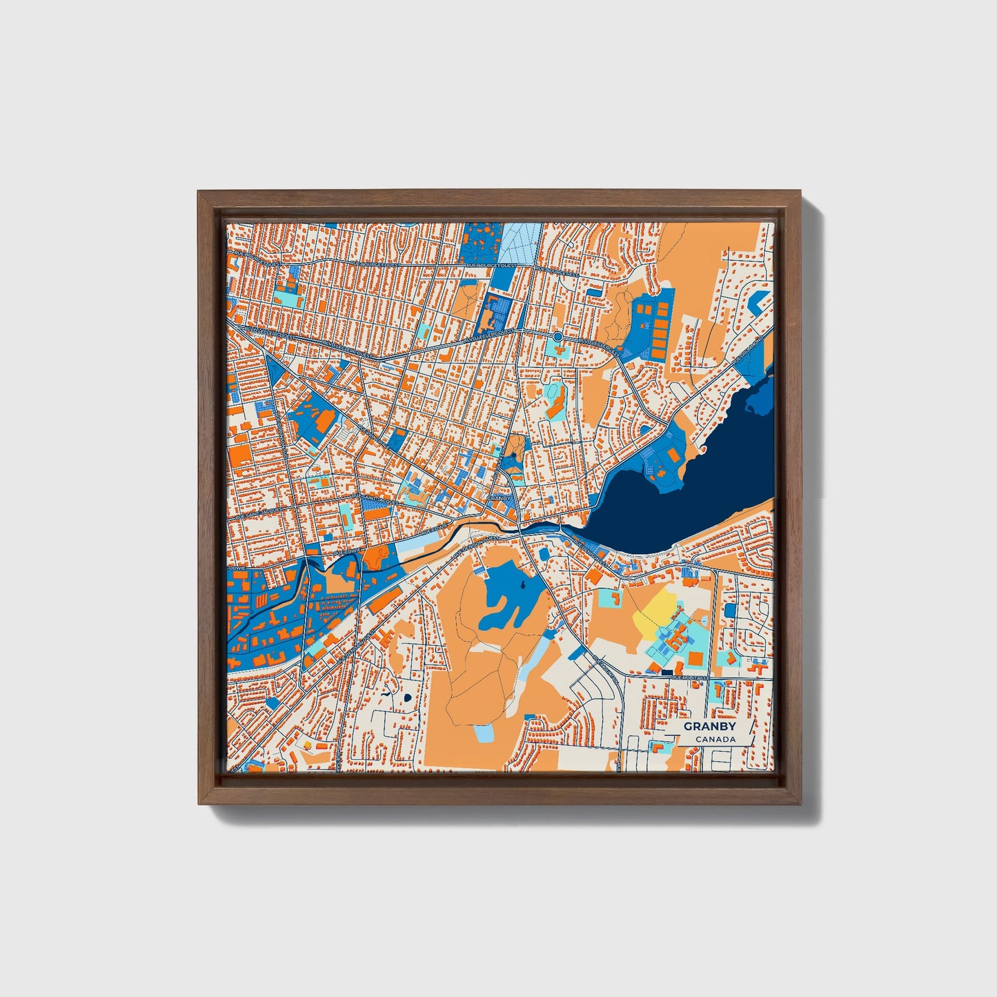 Granby Canada Colorful City Map Canvas Print • Dark Wooden Framed