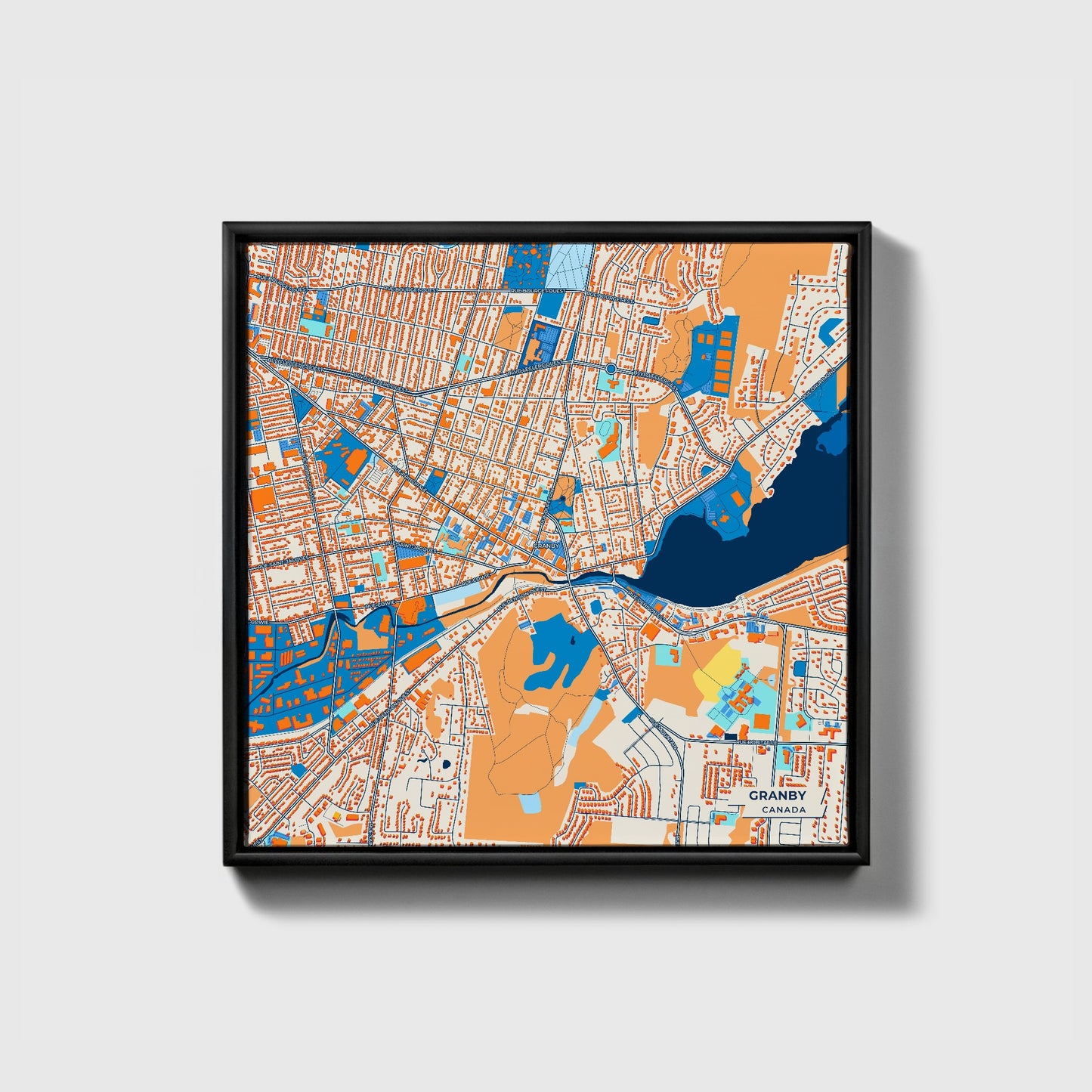 Granby Canada Colorful City Map Canvas Print • Black Framed