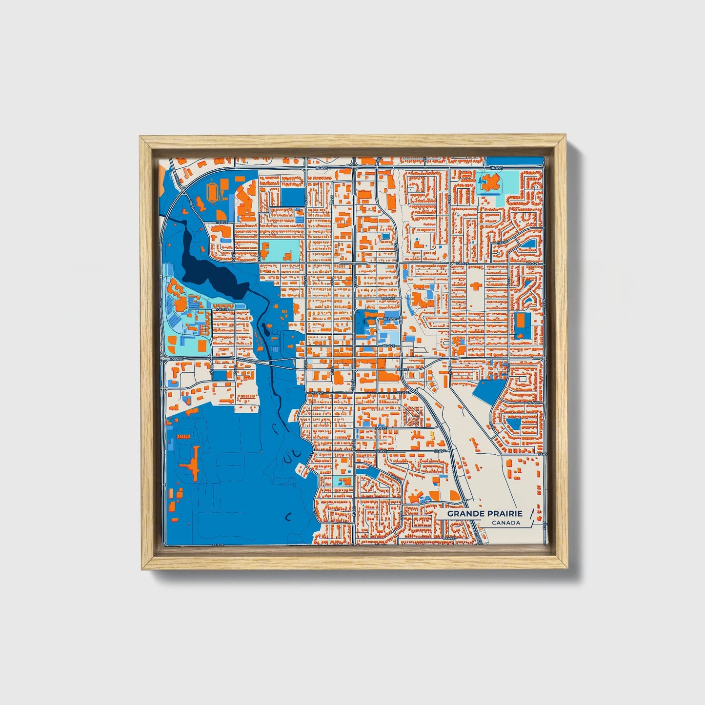 Grande Prairie Canada Colorful City Map Canvas Print • Natural Wooden Framed