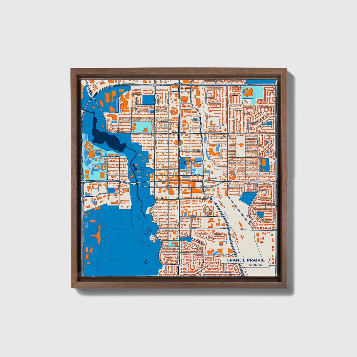 Grande Prairie Canada Colorful City Map Canvas Print • Dark Wooden Framed