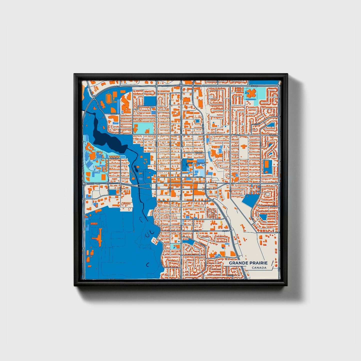 Grande Prairie Canada Colorful City Map Canvas Print • Black Framed