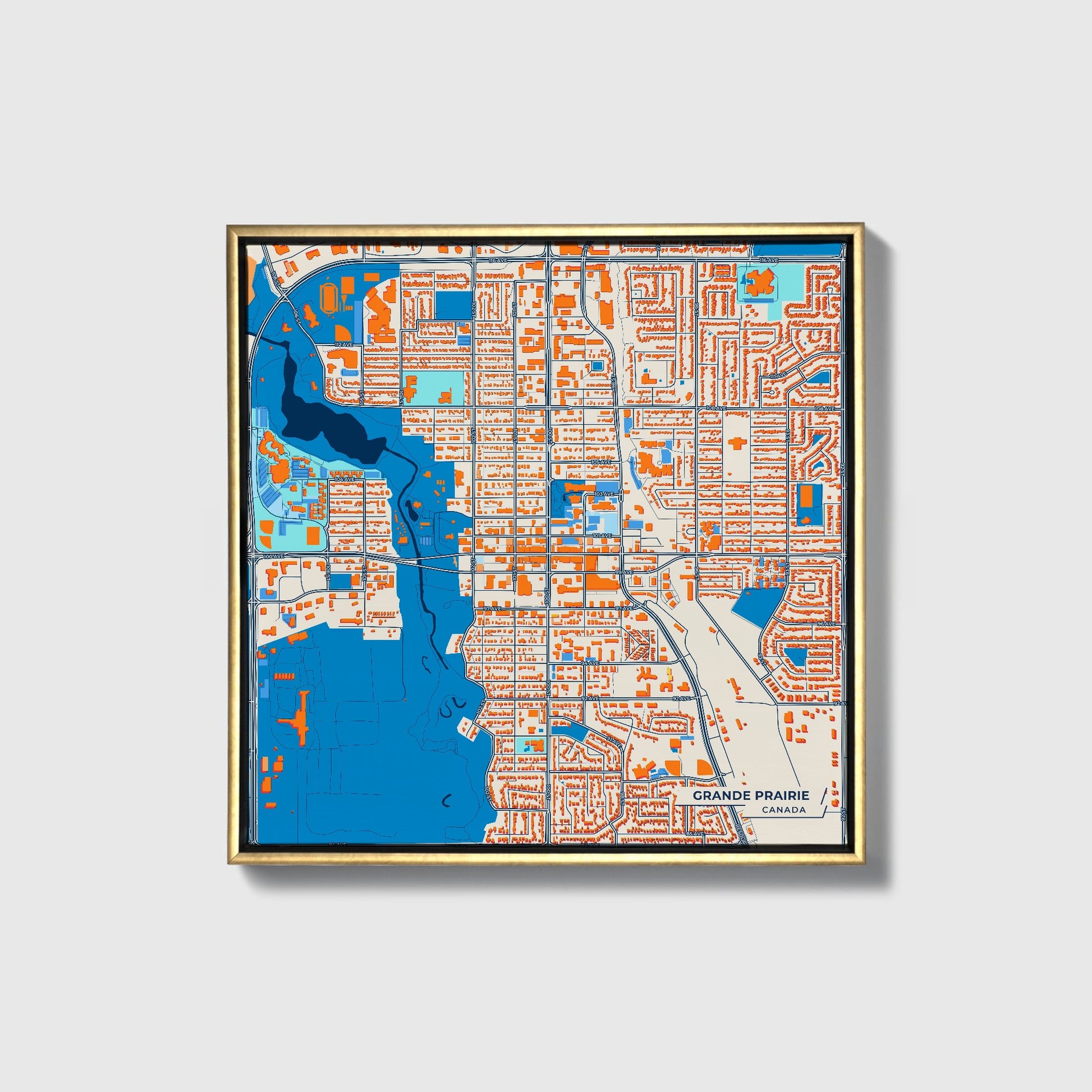Grande Prairie Canada Colorful City Map Canvas Print • Gold Framed