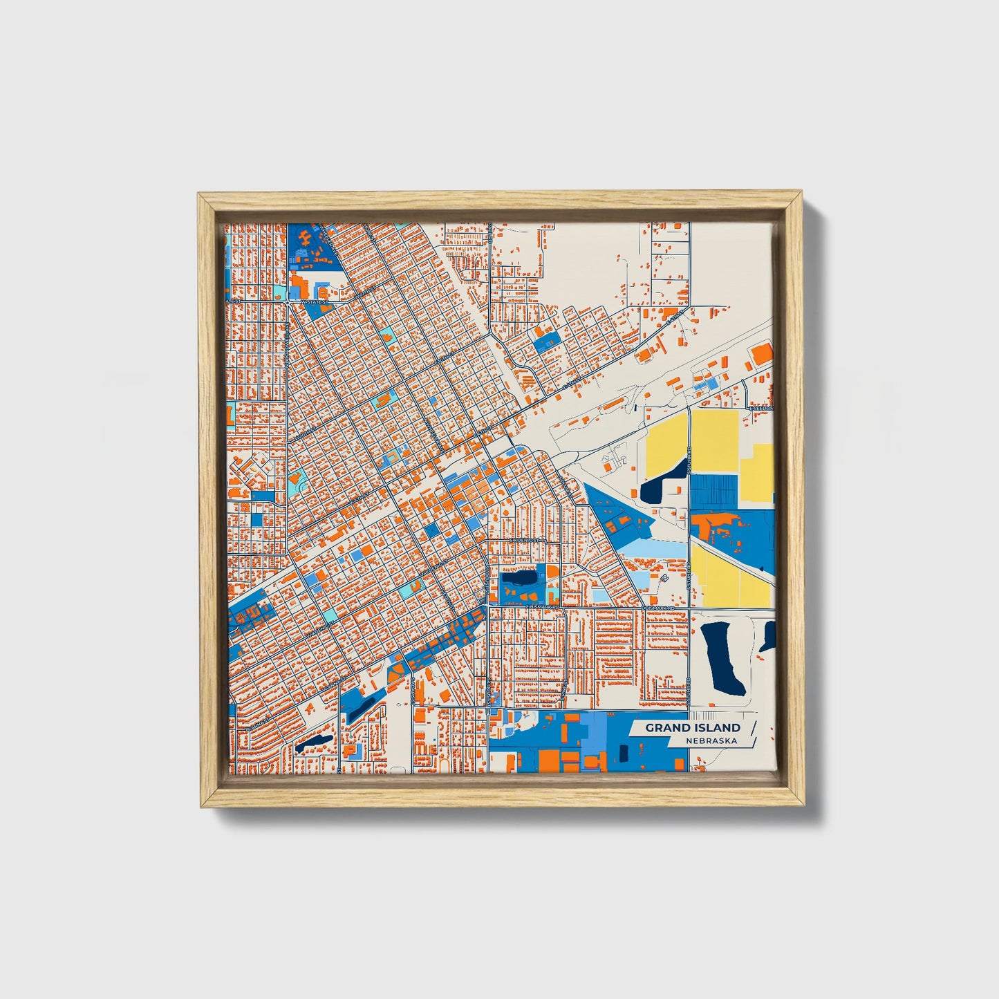 Grand Island Nebraska Colorful City Map Canvas Print • Natural Wooden Framed