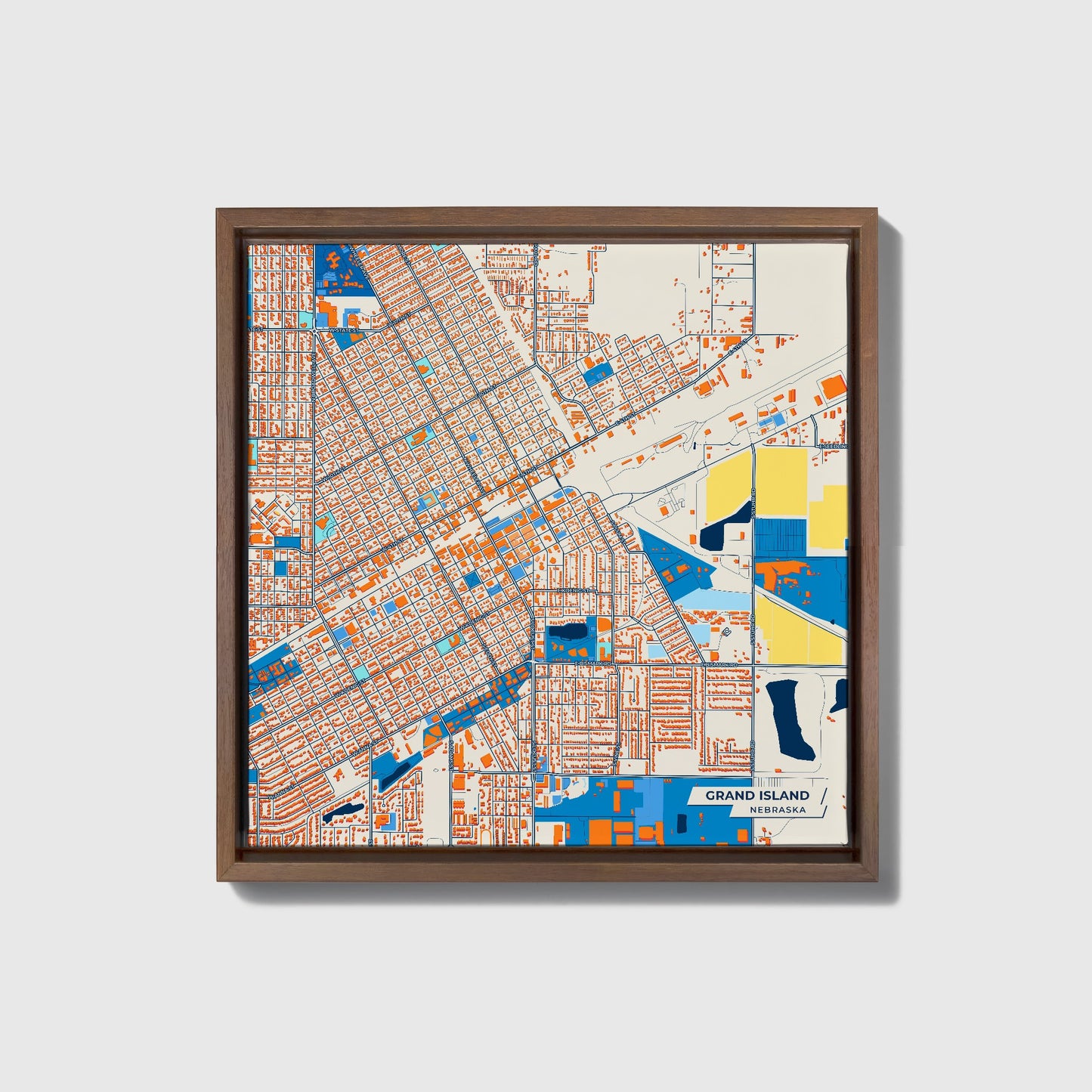 Grand Island Nebraska Colorful City Map Canvas Print • Dark Wooden Framed