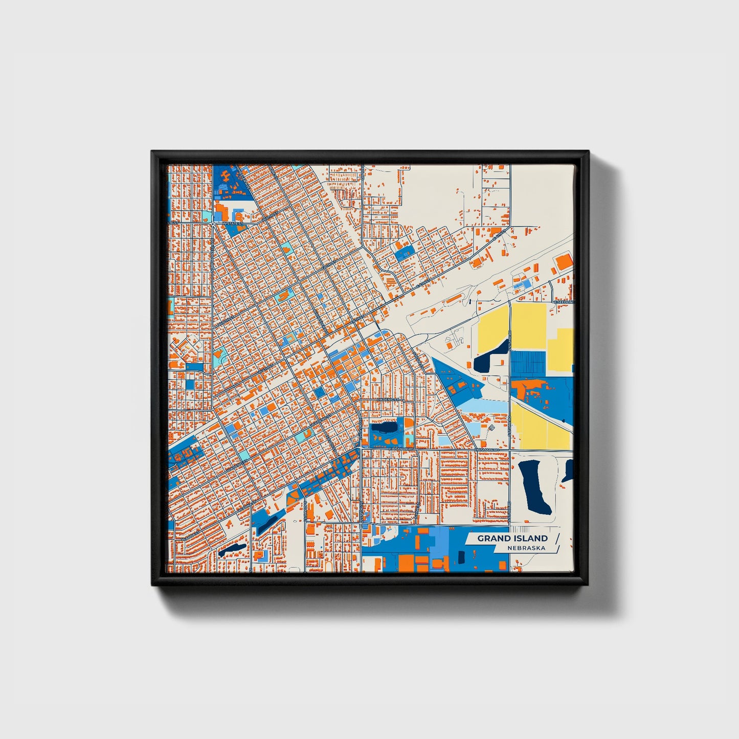 Grand Island Nebraska Colorful City Map Canvas Print • Black Framed