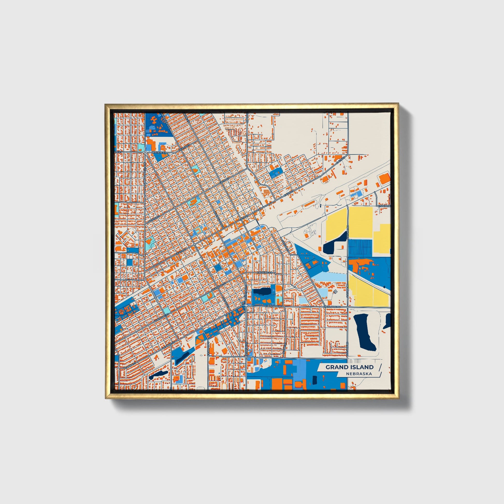 Grand Island Nebraska Colorful City Map Canvas Print • Gold Framed