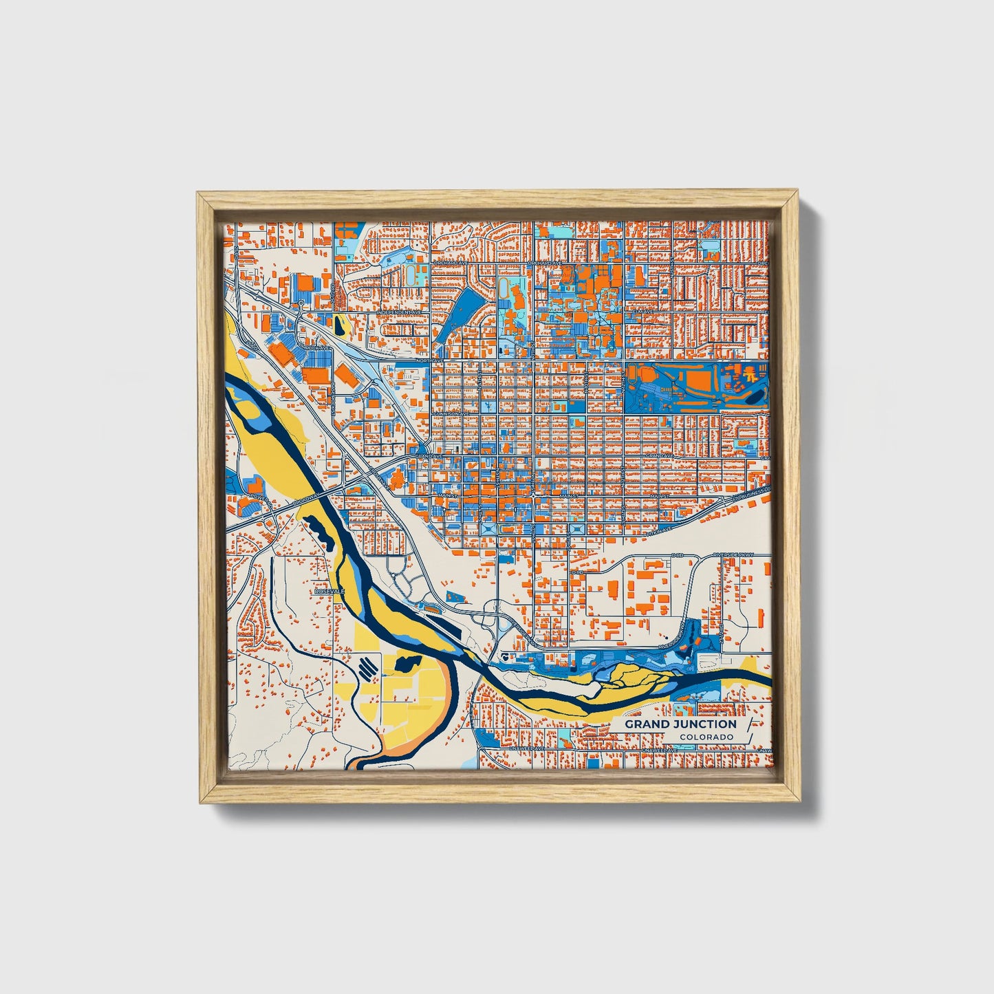 Grand Junction Colorado Colorful City Map Canvas Print • Natural Wooden Framed