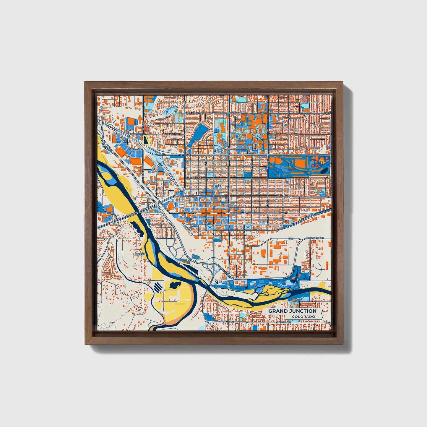 Grand Junction Colorado Colorful City Map Canvas Print • Dark Wooden Framed