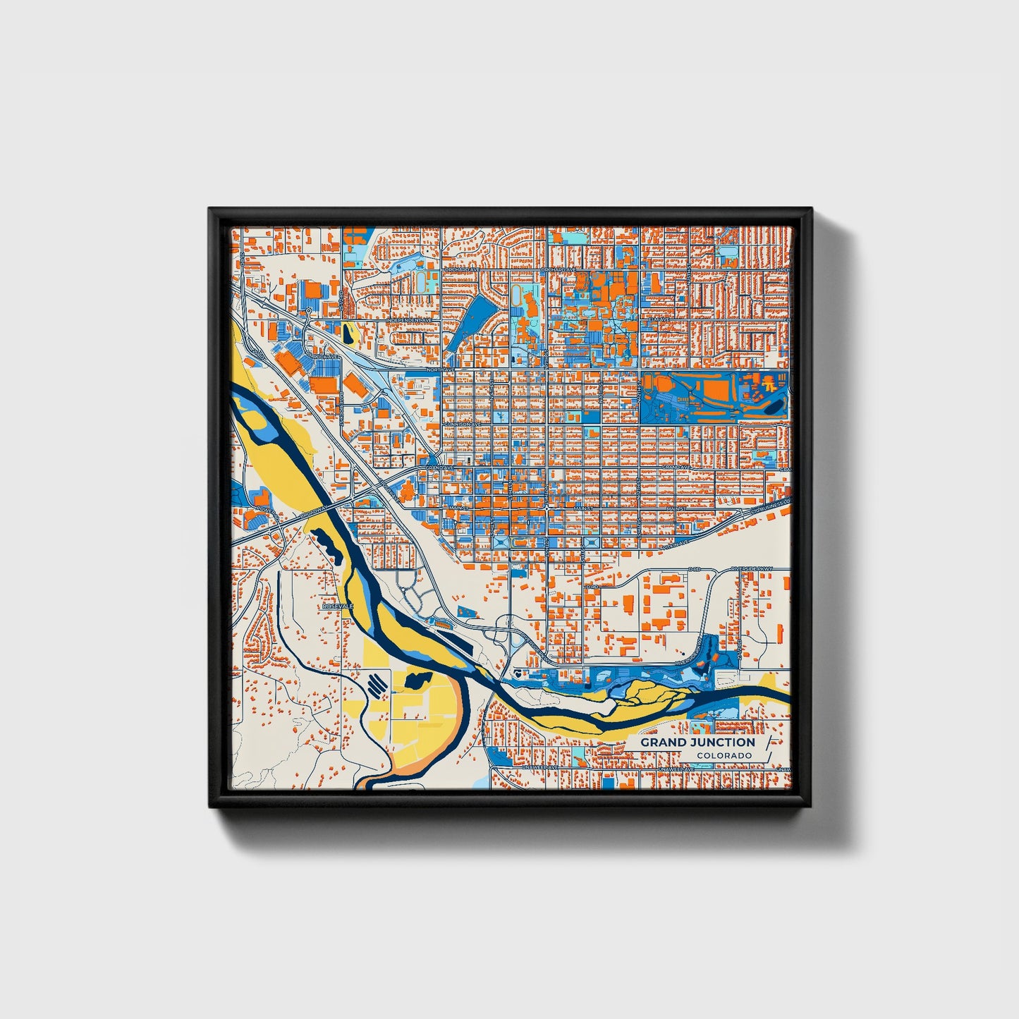 Grand Junction Colorado Colorful City Map Canvas Print • Black Framed