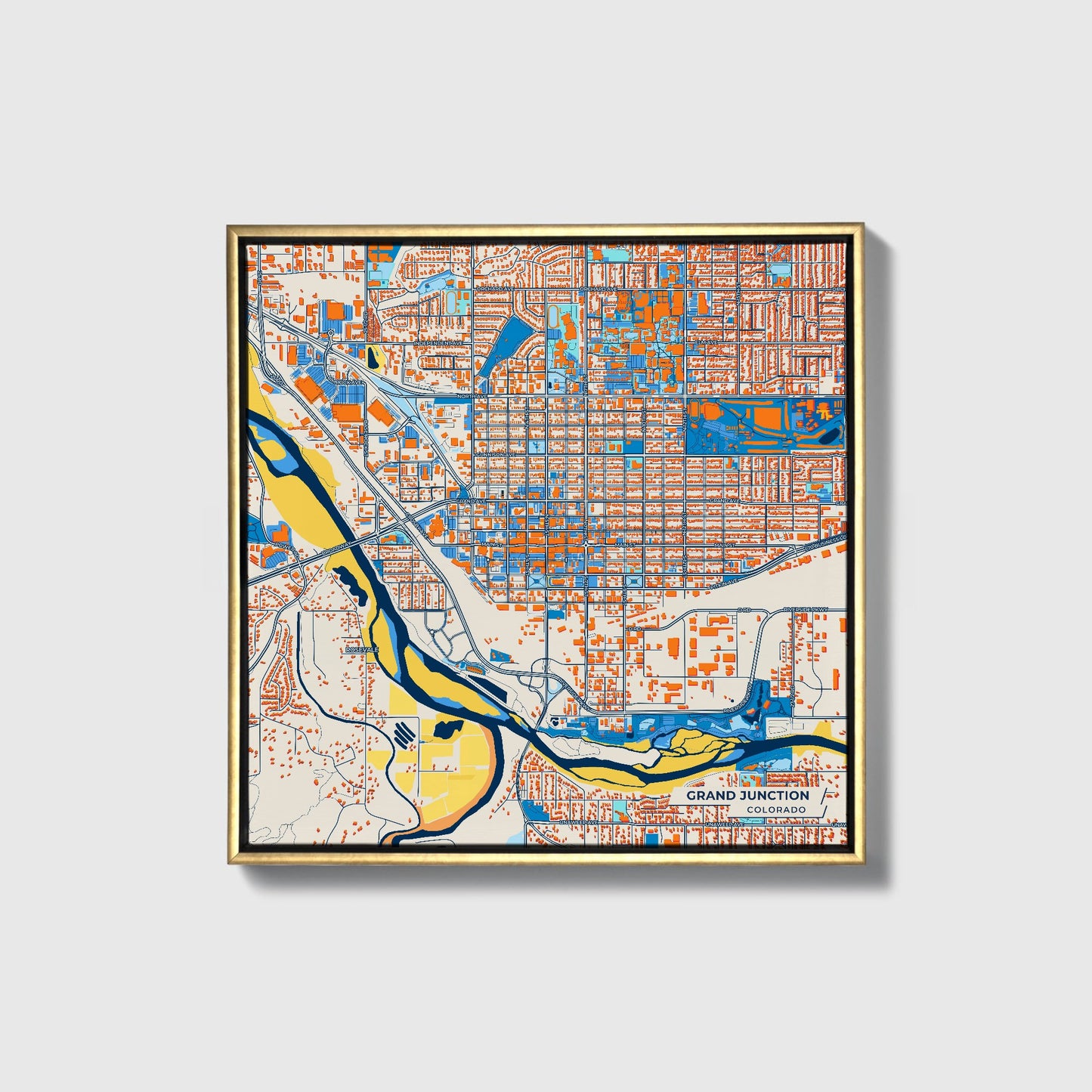 Grand Junction Colorado Colorful City Map Canvas Print • Gold Framed