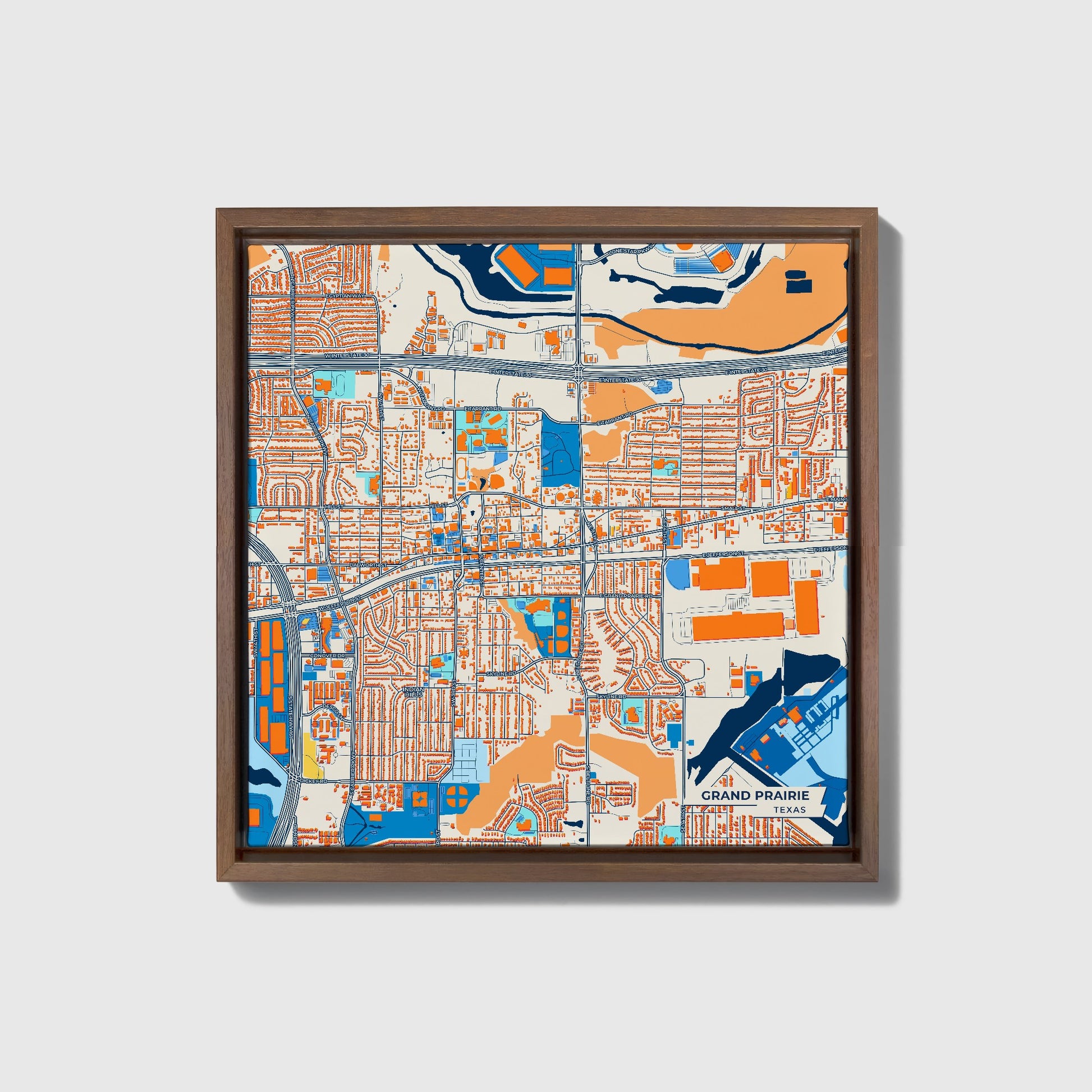 Grand Prairie Texas Colorful City Map Canvas Print • Dark Wooden Framed
