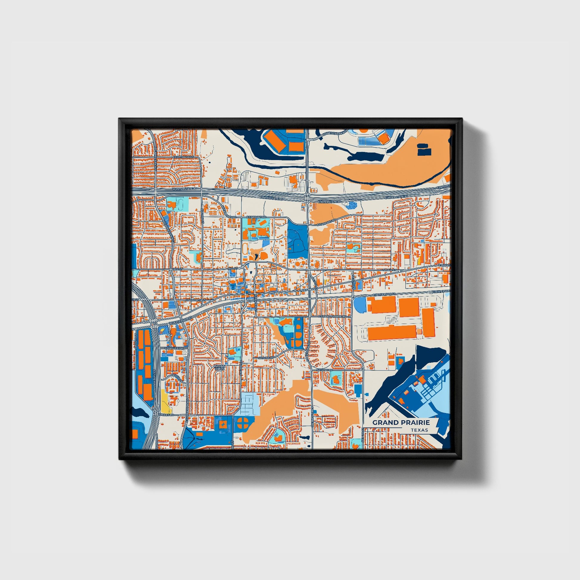 Grand Prairie Texas Colorful City Map Canvas Print • Black Framed