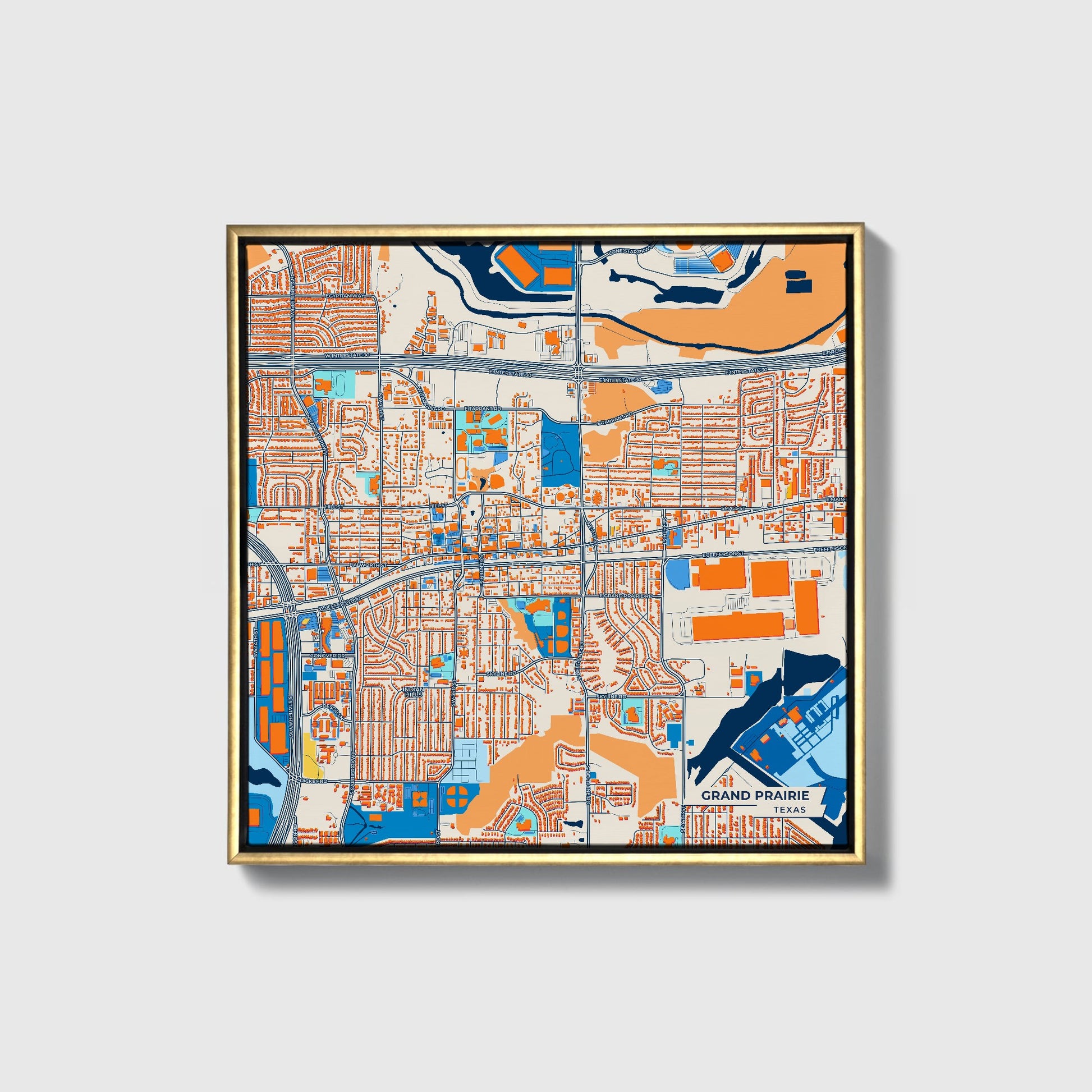 Grand Prairie Texas Colorful City Map Canvas Print • Gold Framed