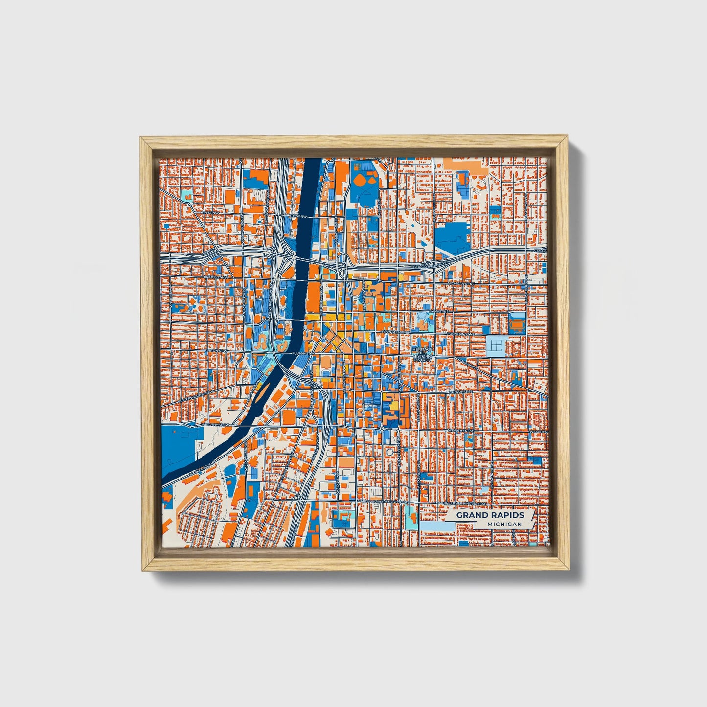 Grand Rapids Michigan Colorful City Map Canvas Print • Natural Wooden Framed