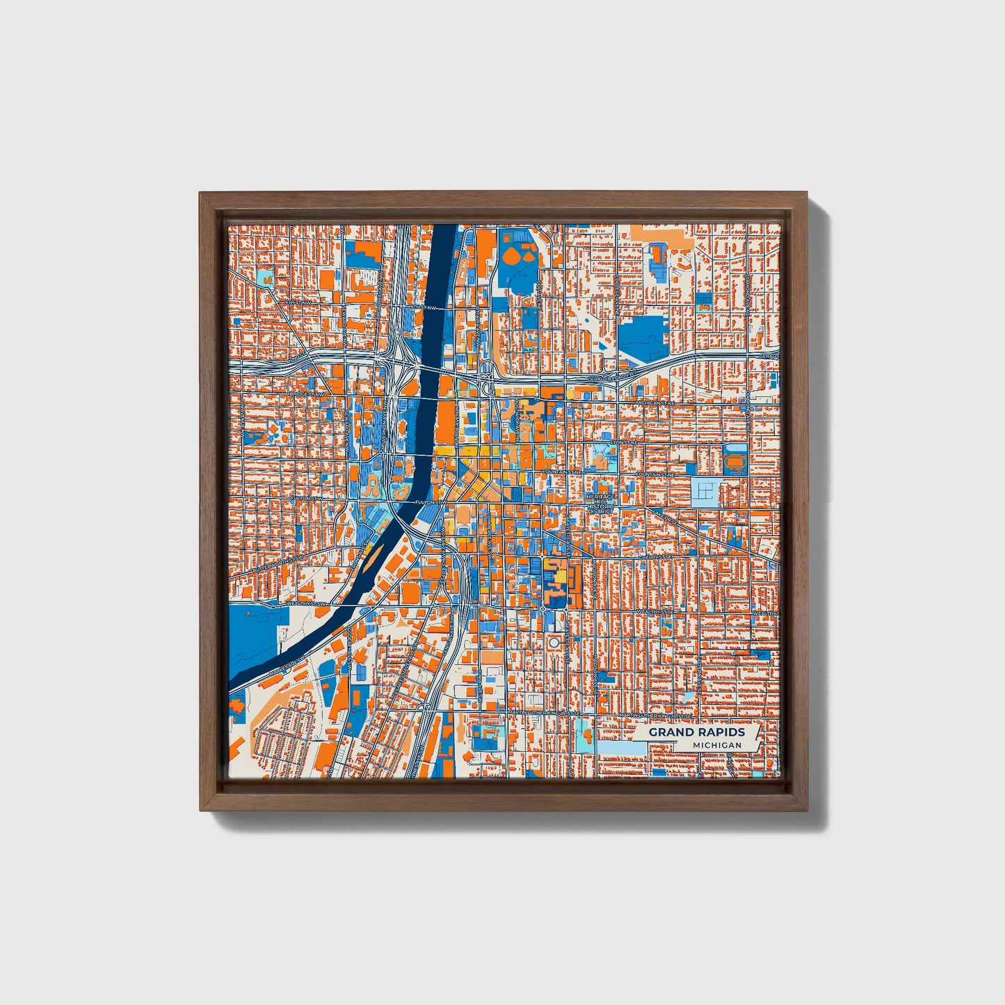 Grand Rapids Michigan Colorful City Map Canvas Print • Dark Wooden Framed