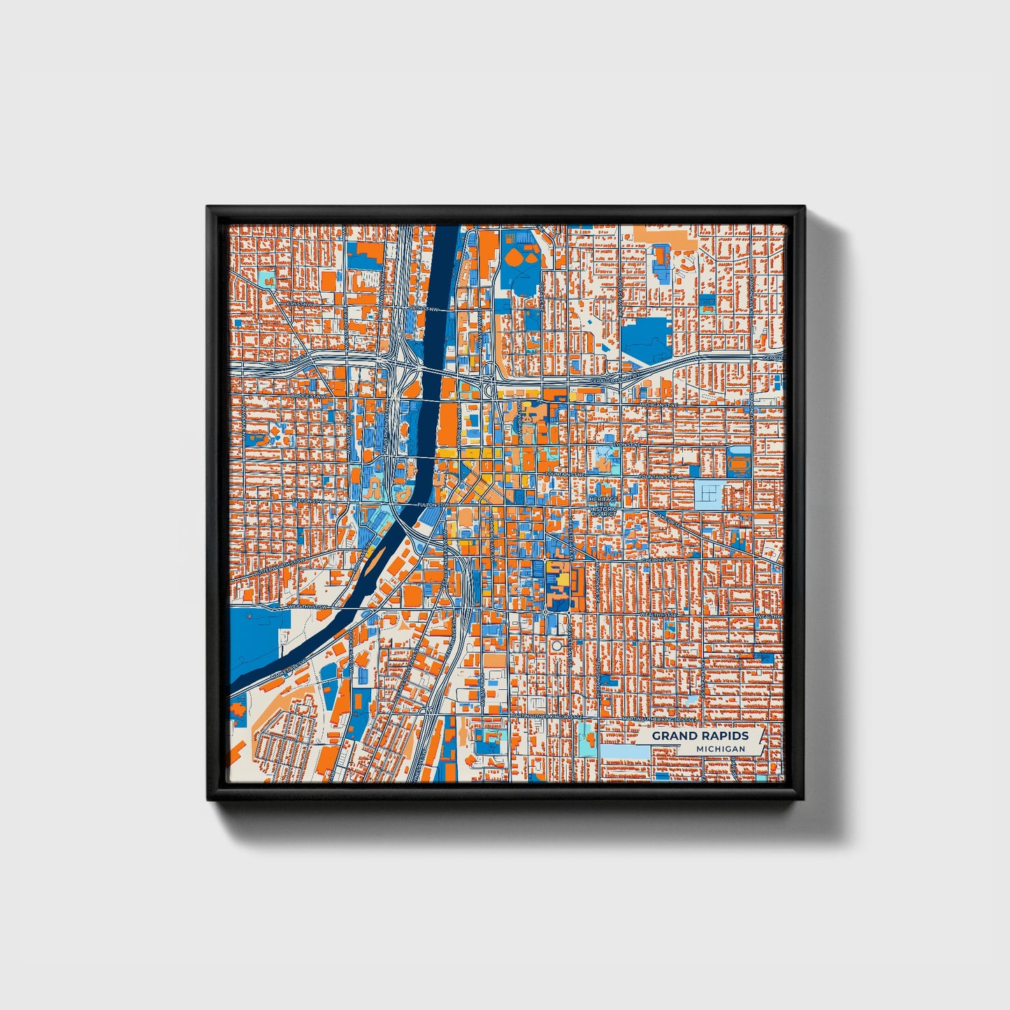Grand Rapids Michigan Colorful City Map Canvas Print • Black Framed
