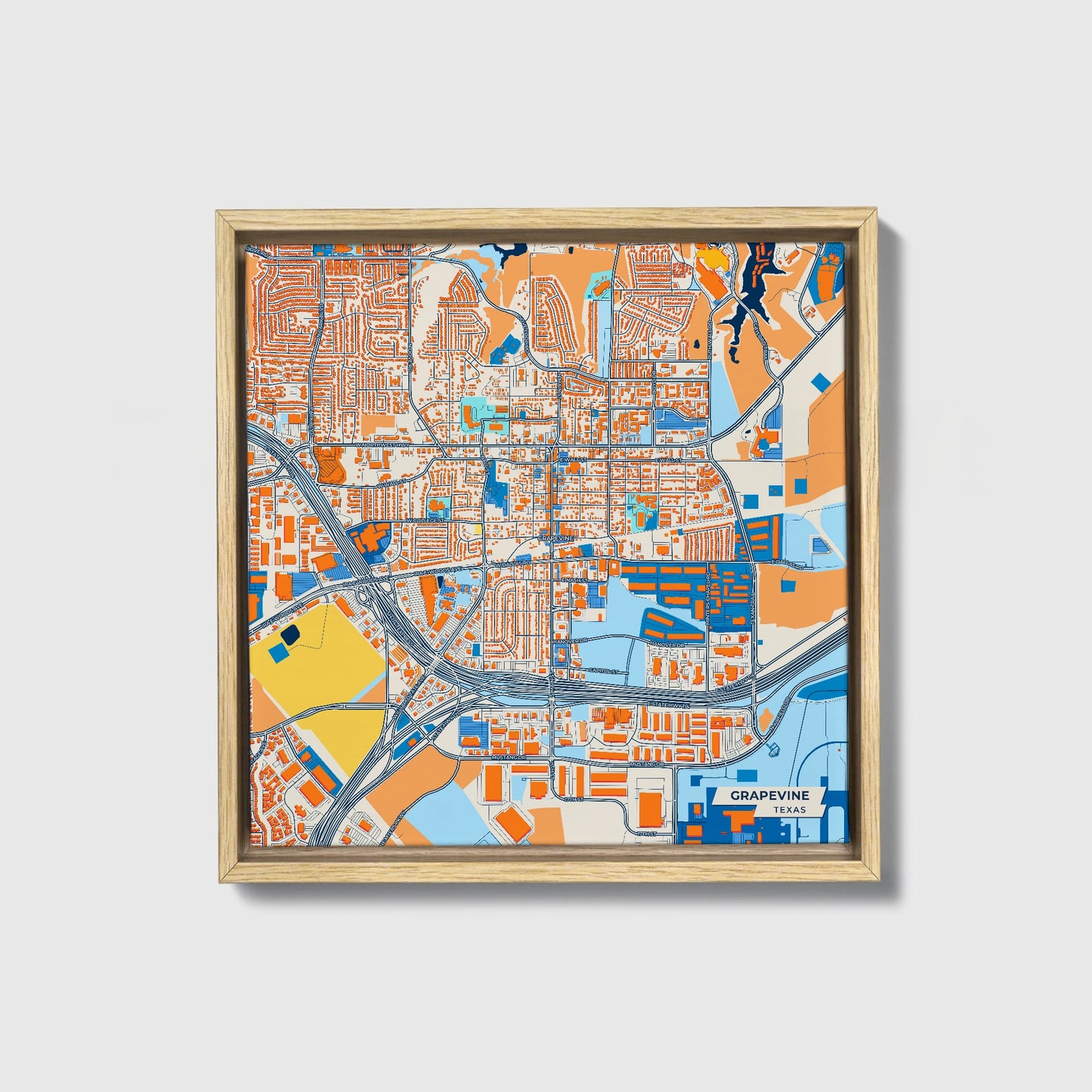 Grapevine Texas Colorful City Map Canvas Print • Natural Wooden Framed