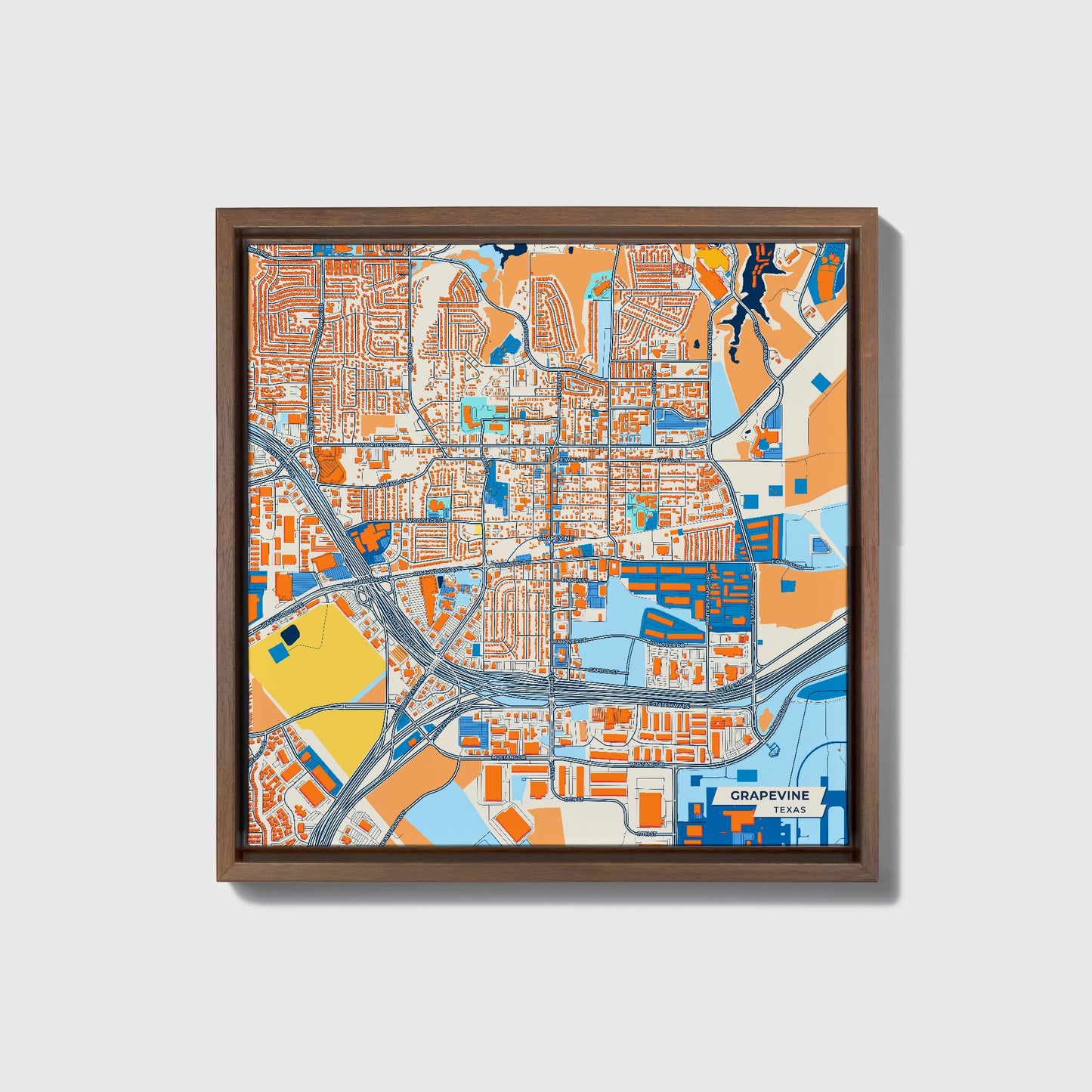 Grapevine Texas Colorful City Map Canvas Print • Dark Wooden Framed
