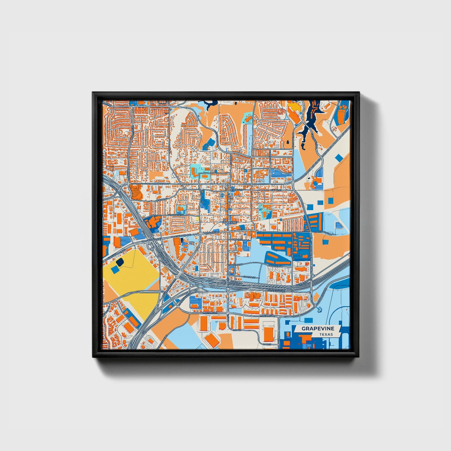 Grapevine Texas Colorful City Map Canvas Print • Black Framed