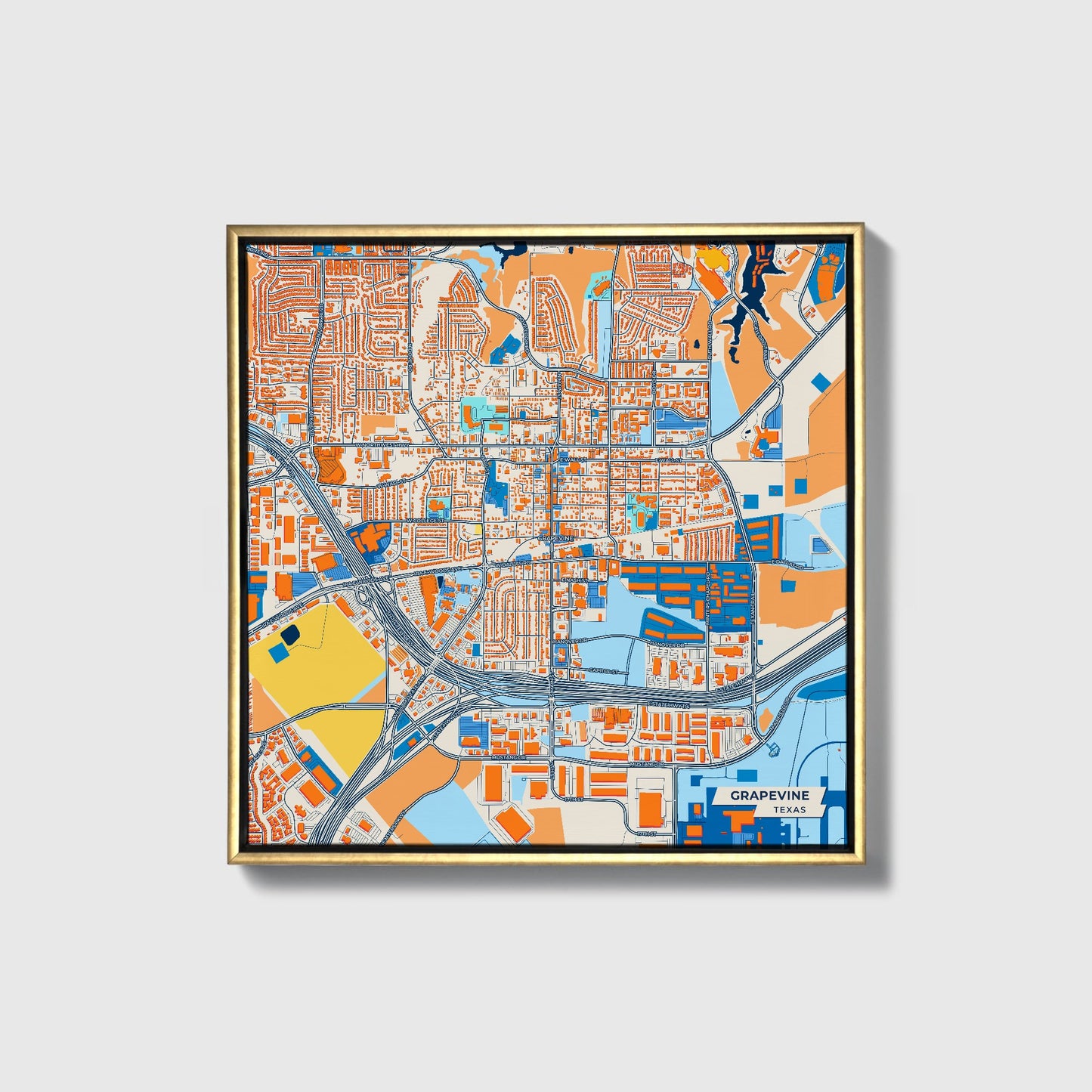 Grapevine Texas Colorful City Map Canvas Print • Gold Framed