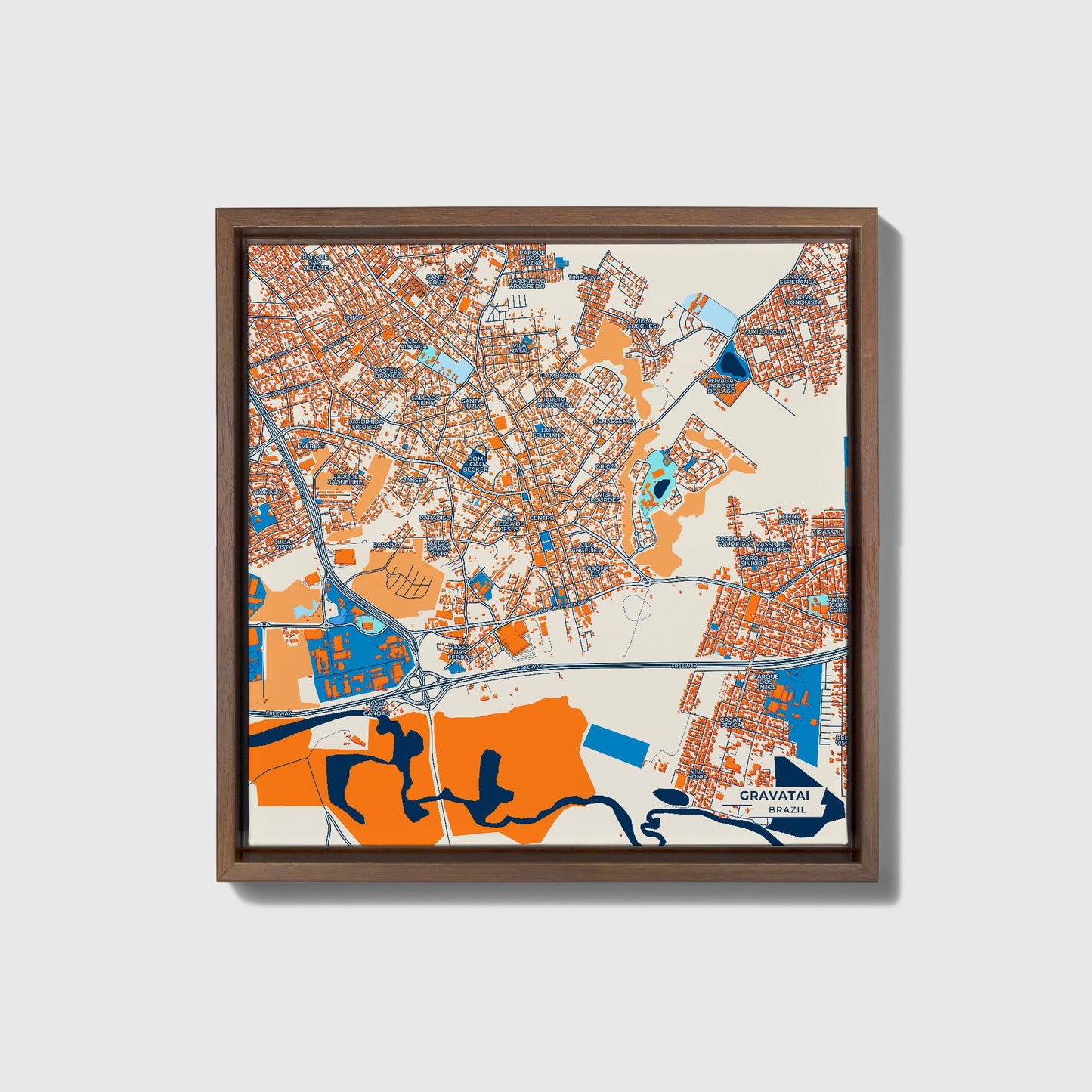 Gravatai Brazil Colorful City Map Canvas Print • Dark Wooden Framed