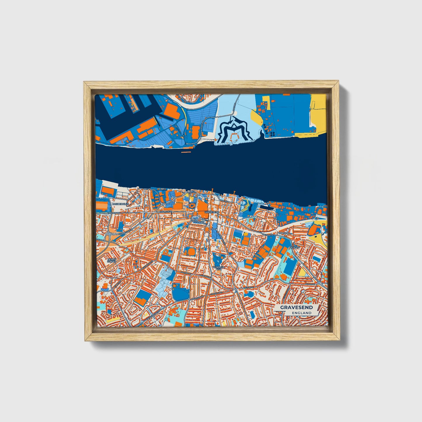 Gravesend England Colorful City Map Canvas Print • Natural Wooden Framed