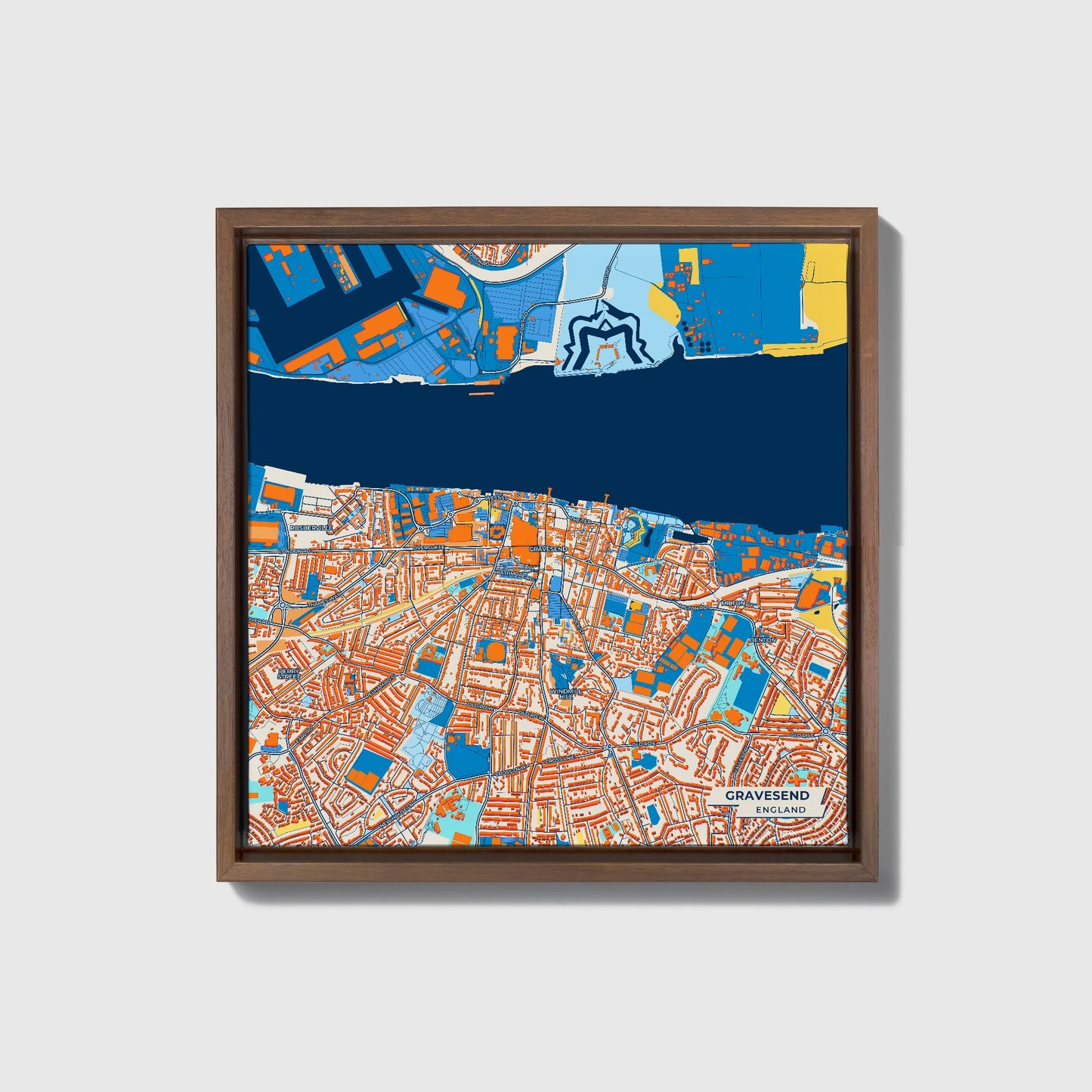Gravesend England Colorful City Map Canvas Print • Dark Wooden Framed