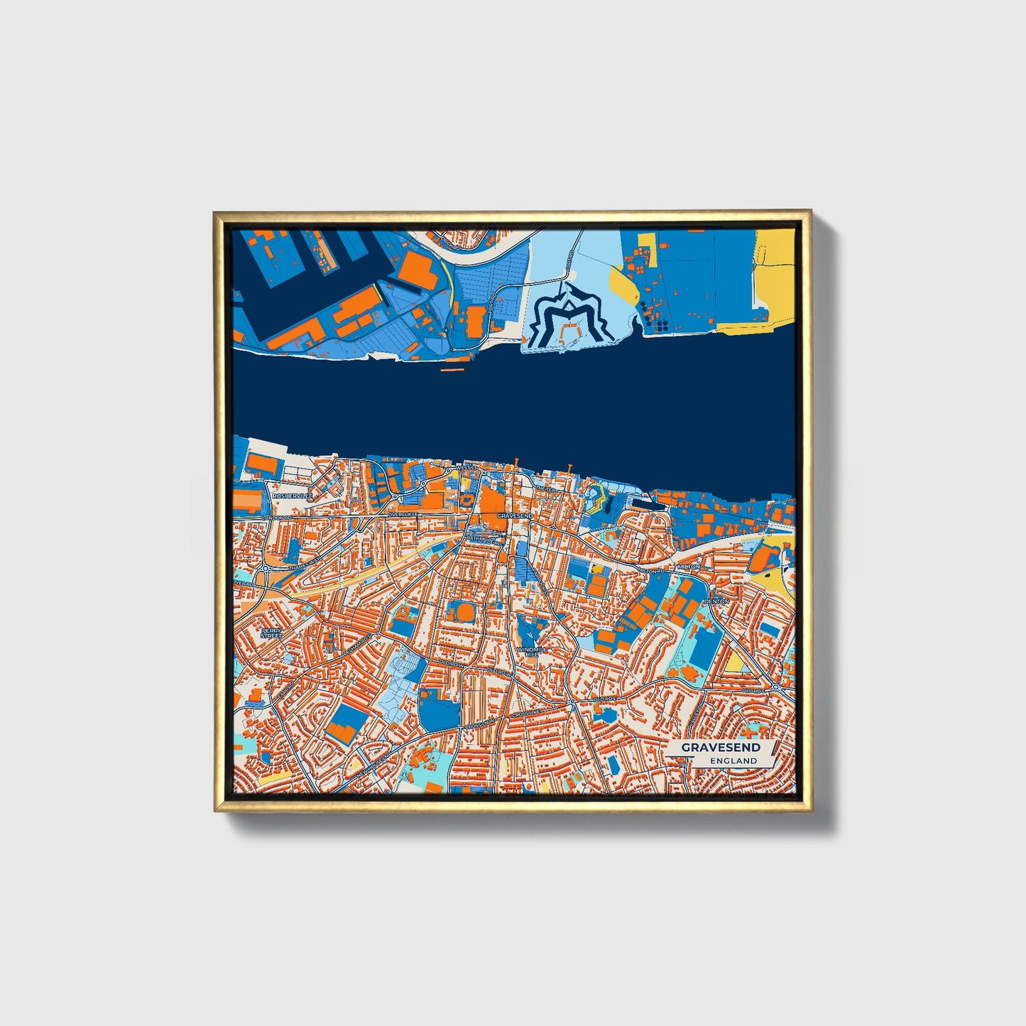 Gravesend England Colorful City Map Canvas Print • Gold Framed