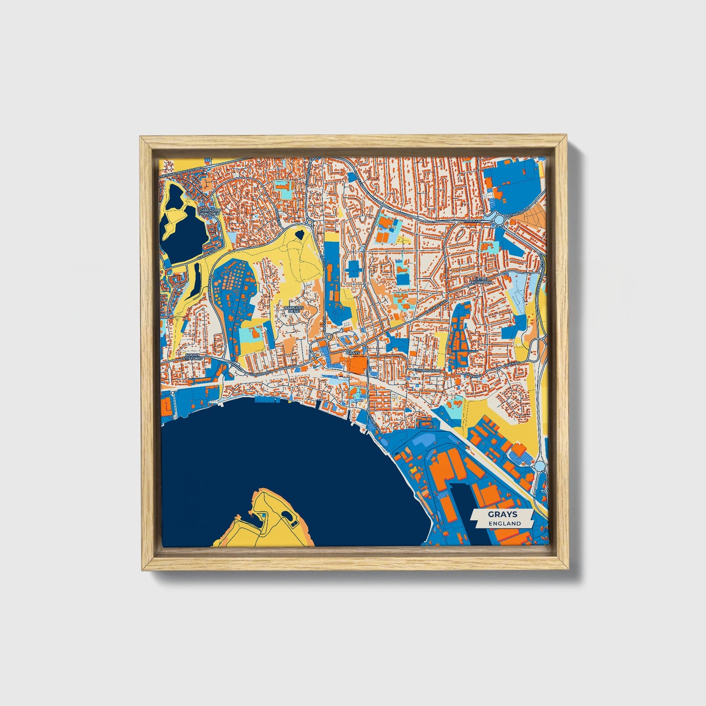 Grays England Colorful City Map Canvas Print • Natural Wooden Framed