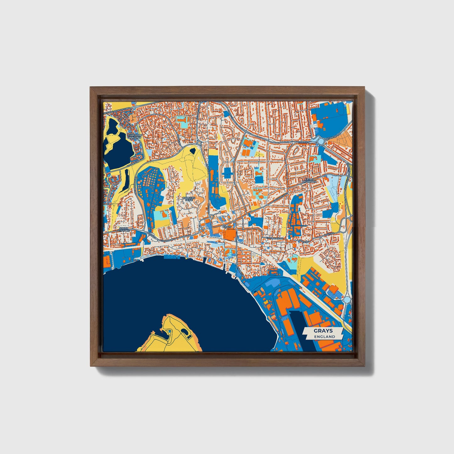 Grays England Colorful City Map Canvas Print • Dark Wooden Framed