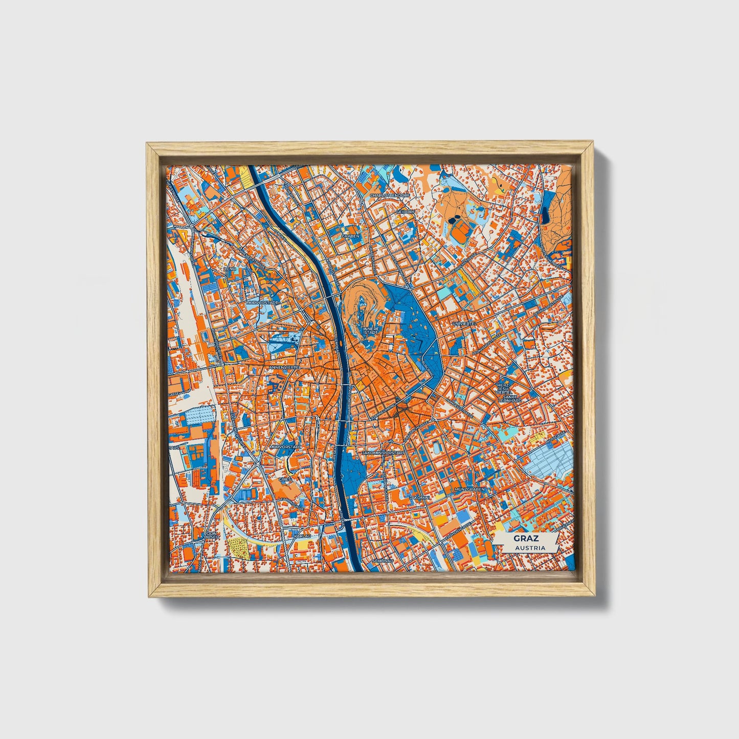 Graz Austria Colorful City Map Canvas Print • Natural Wooden Framed