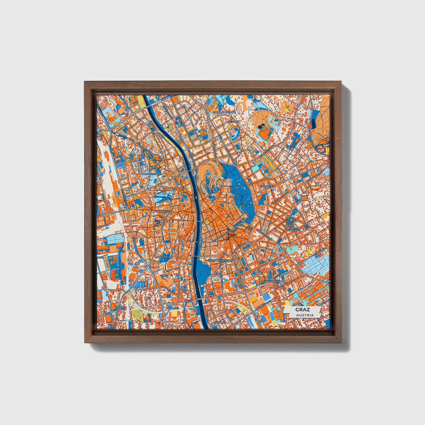 Graz Austria Colorful City Map Canvas Print • Dark Wooden Framed