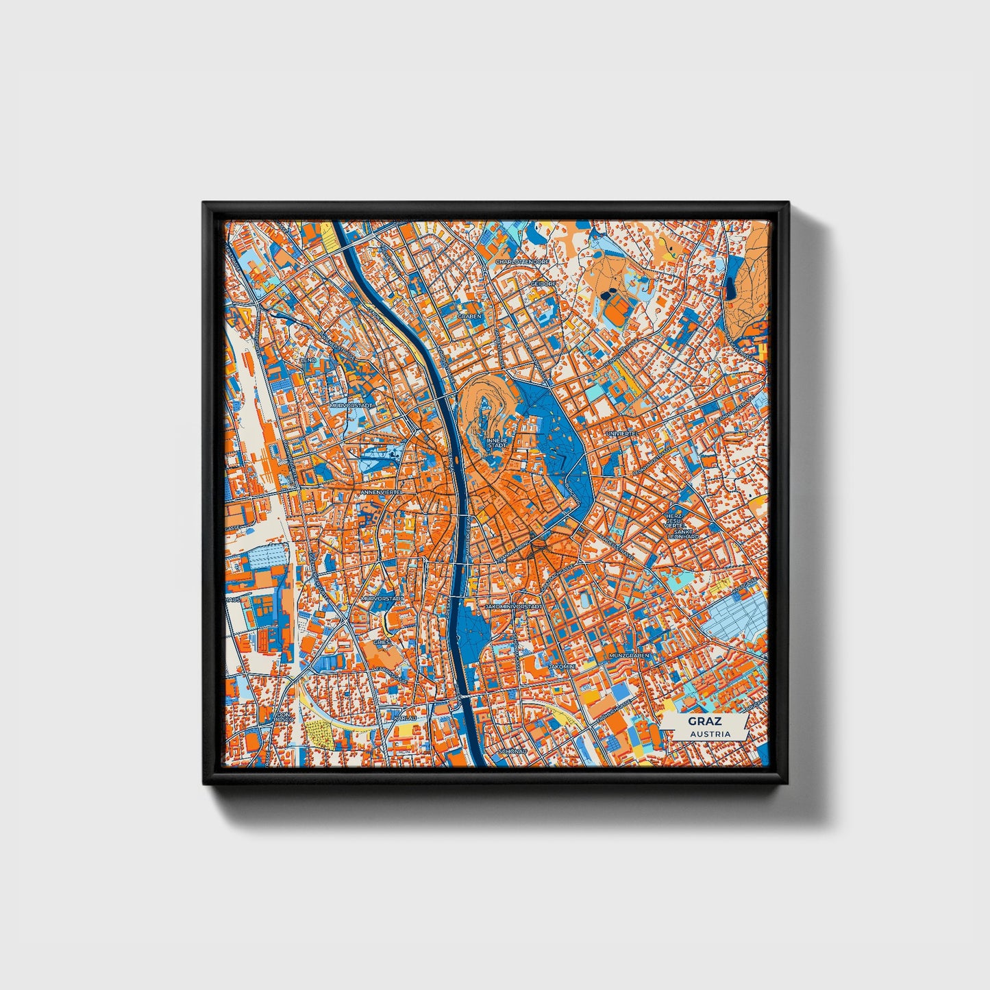 Graz Austria Colorful City Map Canvas Print • Black Framed