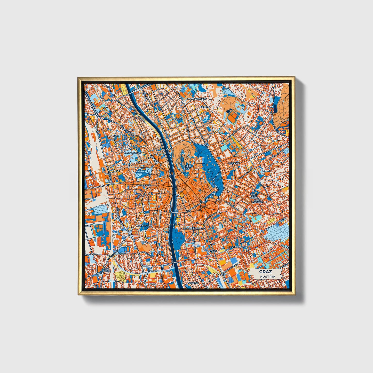 Graz Austria Colorful City Map Canvas Print • Gold Framed