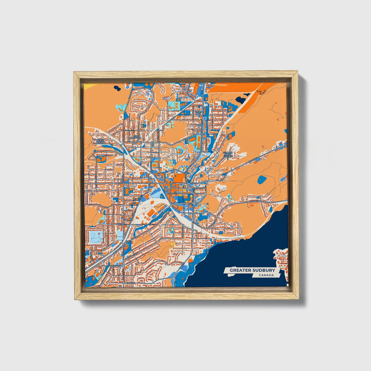 Greater Sudbury Canada Colorful City Map Canvas Print • Natural Wooden Framed
