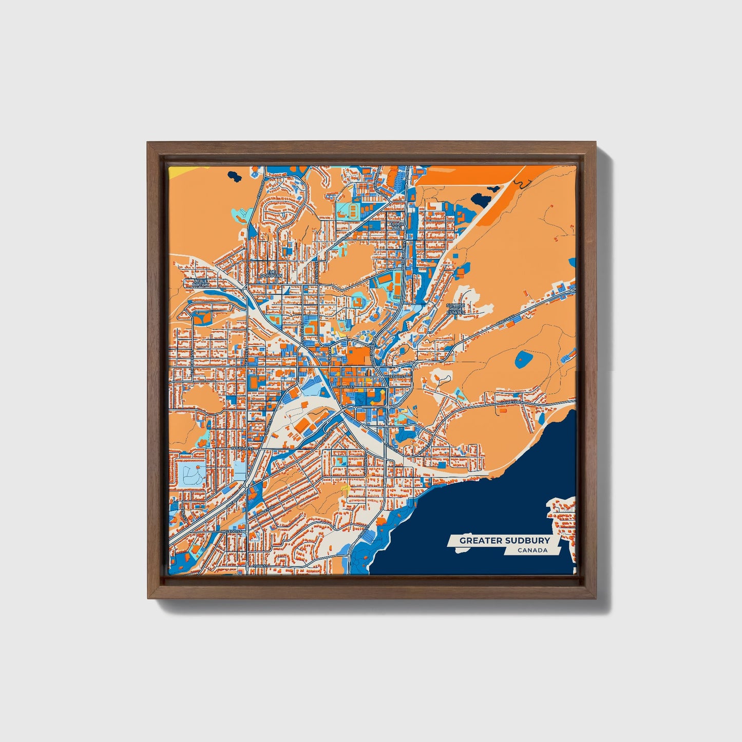 Greater Sudbury Canada Colorful City Map Canvas Print • Dark Wooden Framed