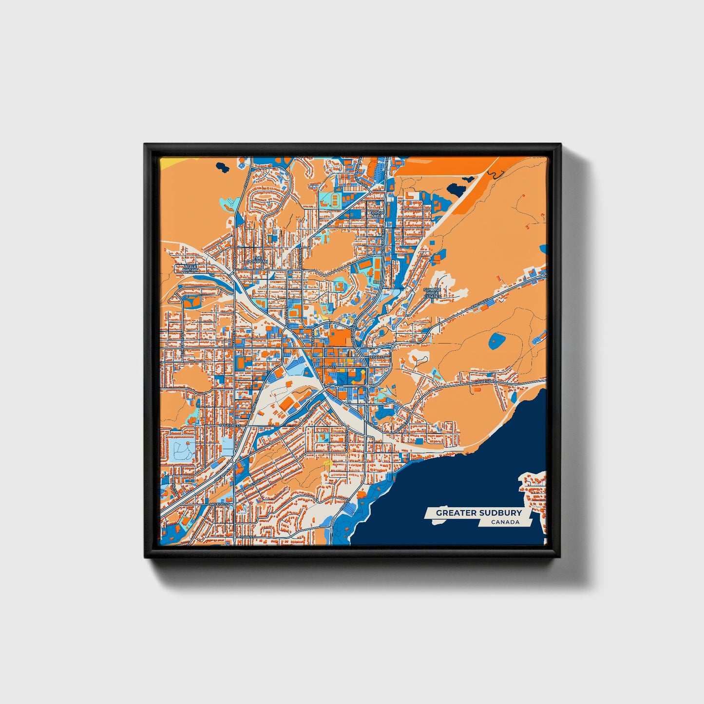 Greater Sudbury Canada Colorful City Map Canvas Print • Black Framed