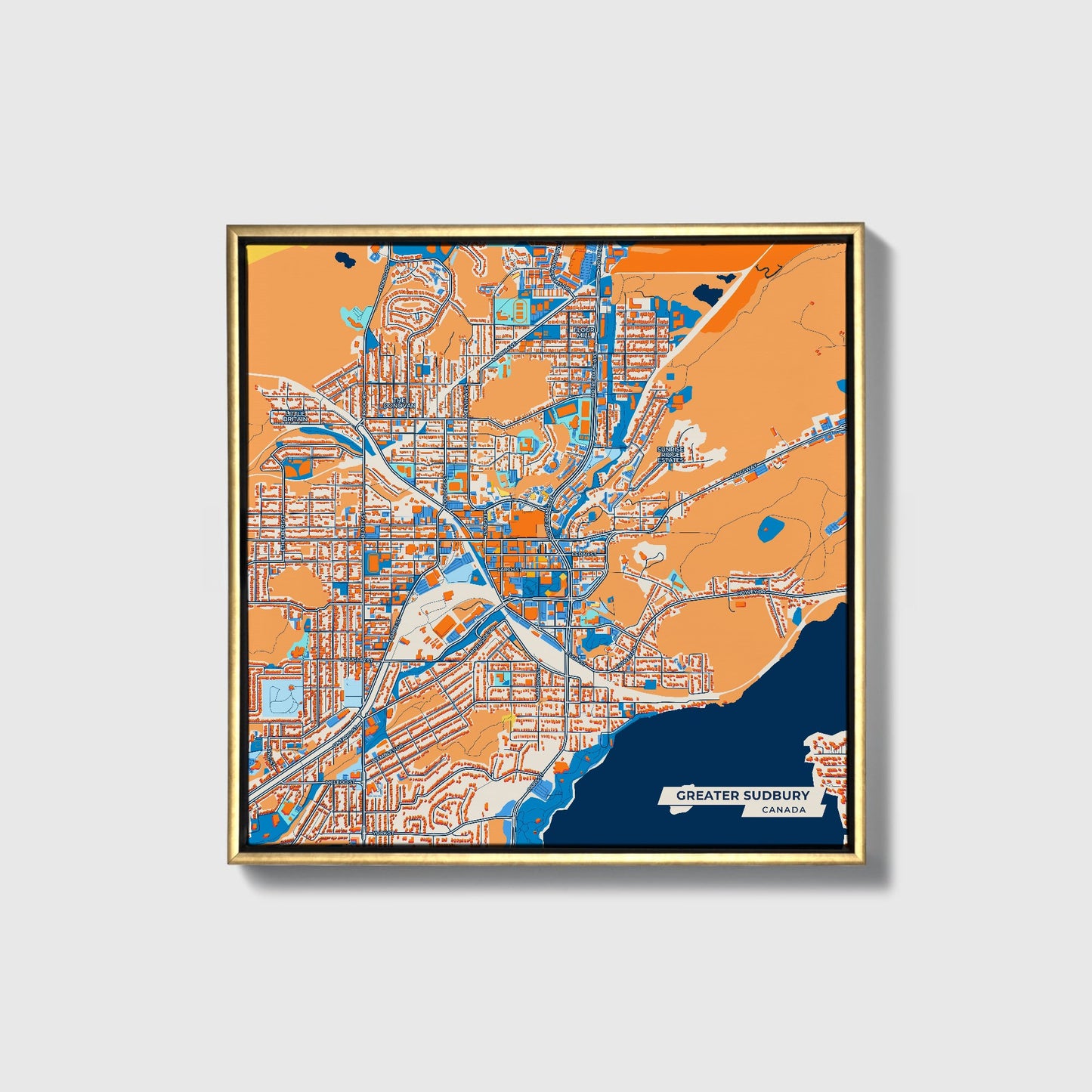 Greater Sudbury Canada Colorful City Map Canvas Print • Gold Framed