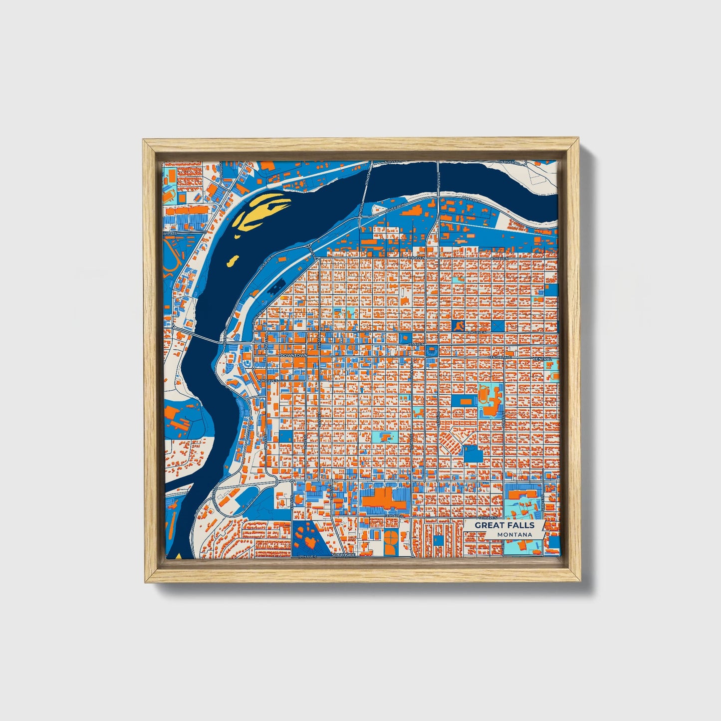 Great Falls Montana Colorful City Map Canvas Print • Natural Wooden Framed