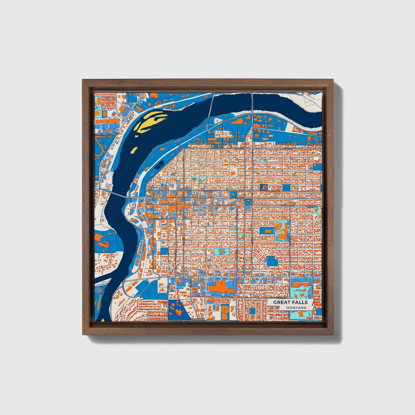 Great Falls Montana Colorful City Map Canvas Print • Dark Wooden Framed