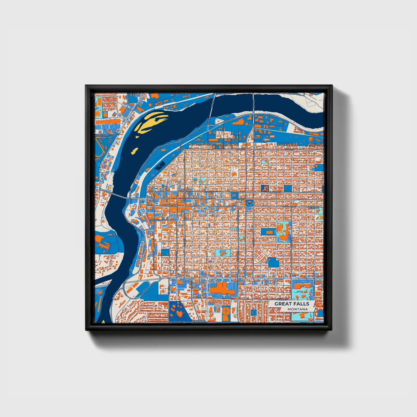 Great Falls Montana Colorful City Map Canvas Print • Black Framed
