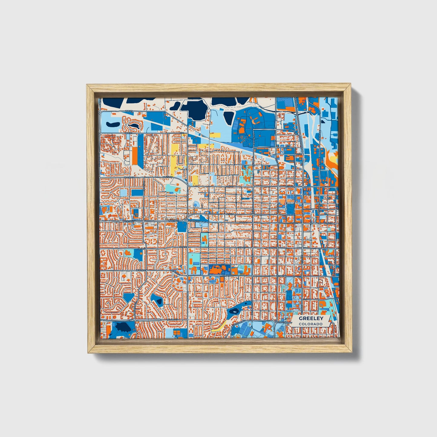 Greeley Colorado Colorful City Map Canvas Print • Natural Wooden Framed