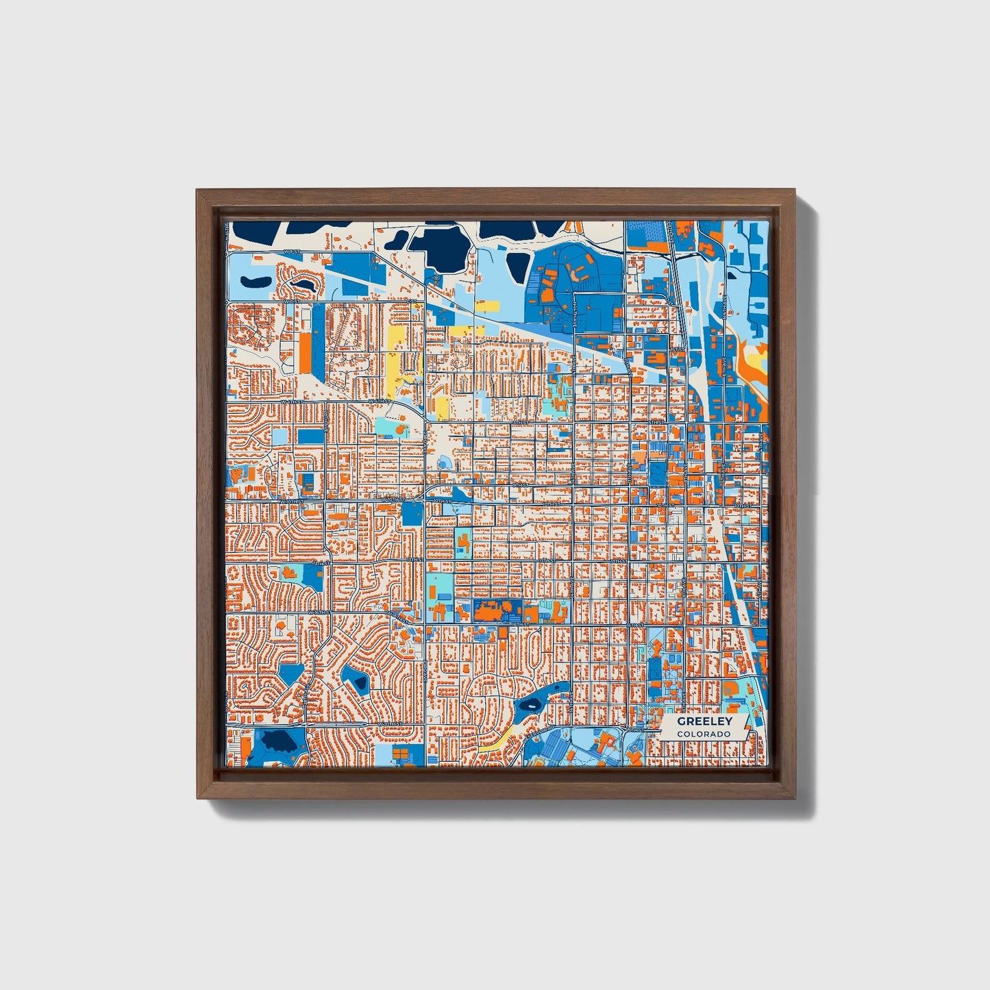 Greeley Colorado Colorful City Map Canvas Print • Dark Wooden Framed