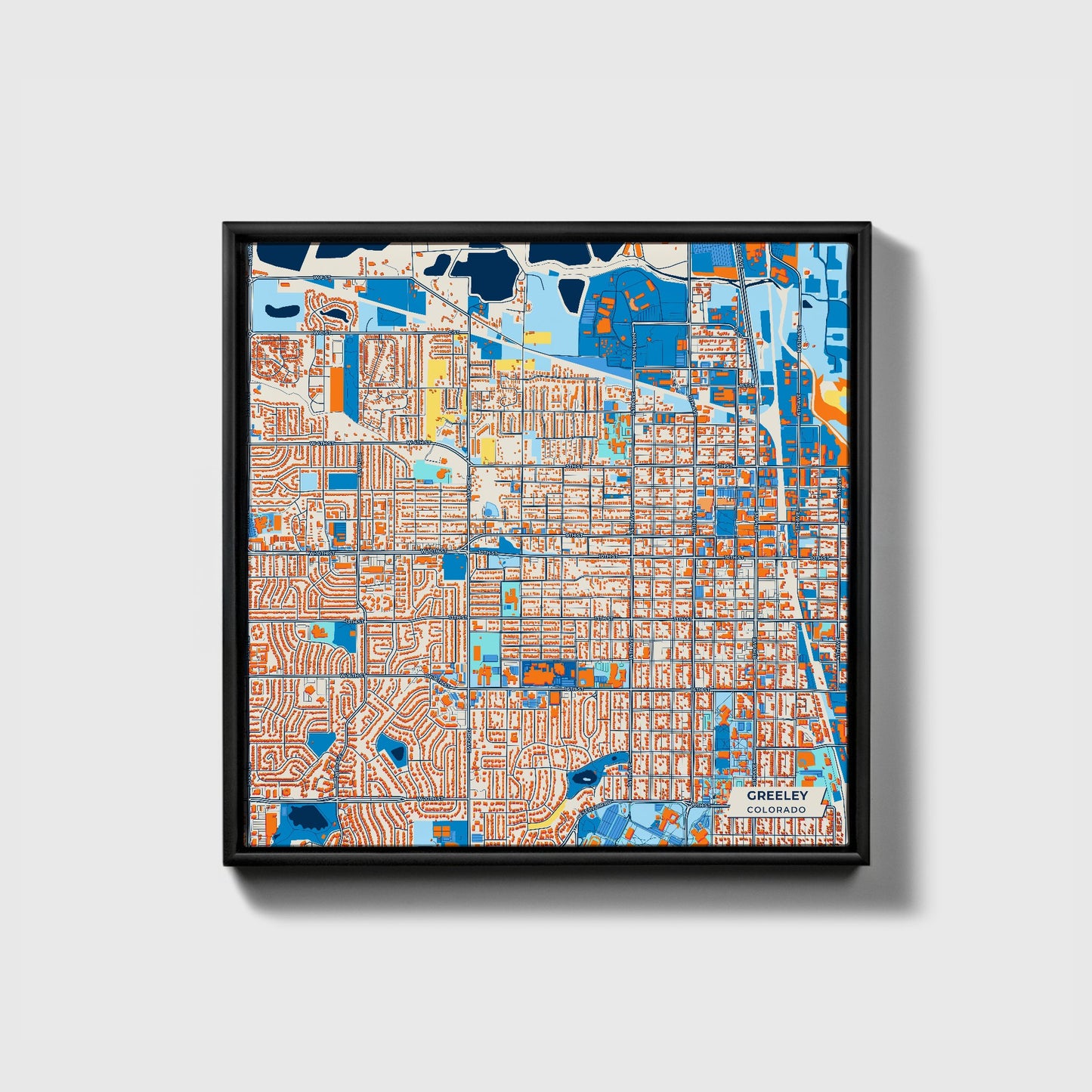Greeley Colorado Colorful City Map Canvas Print • Black Framed