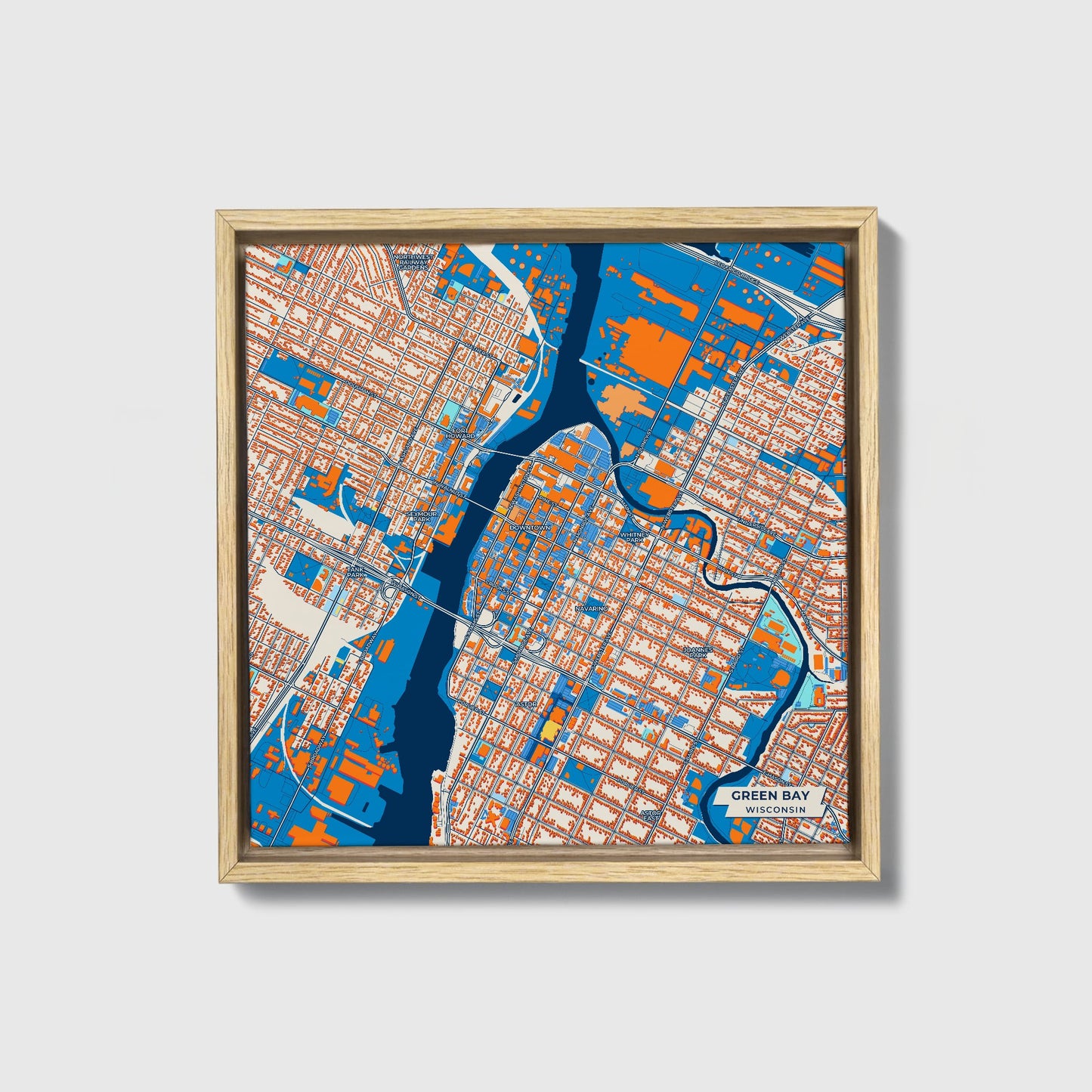 Green Bay Wisconsin Colorful City Map Canvas Print • Natural Wooden Framed