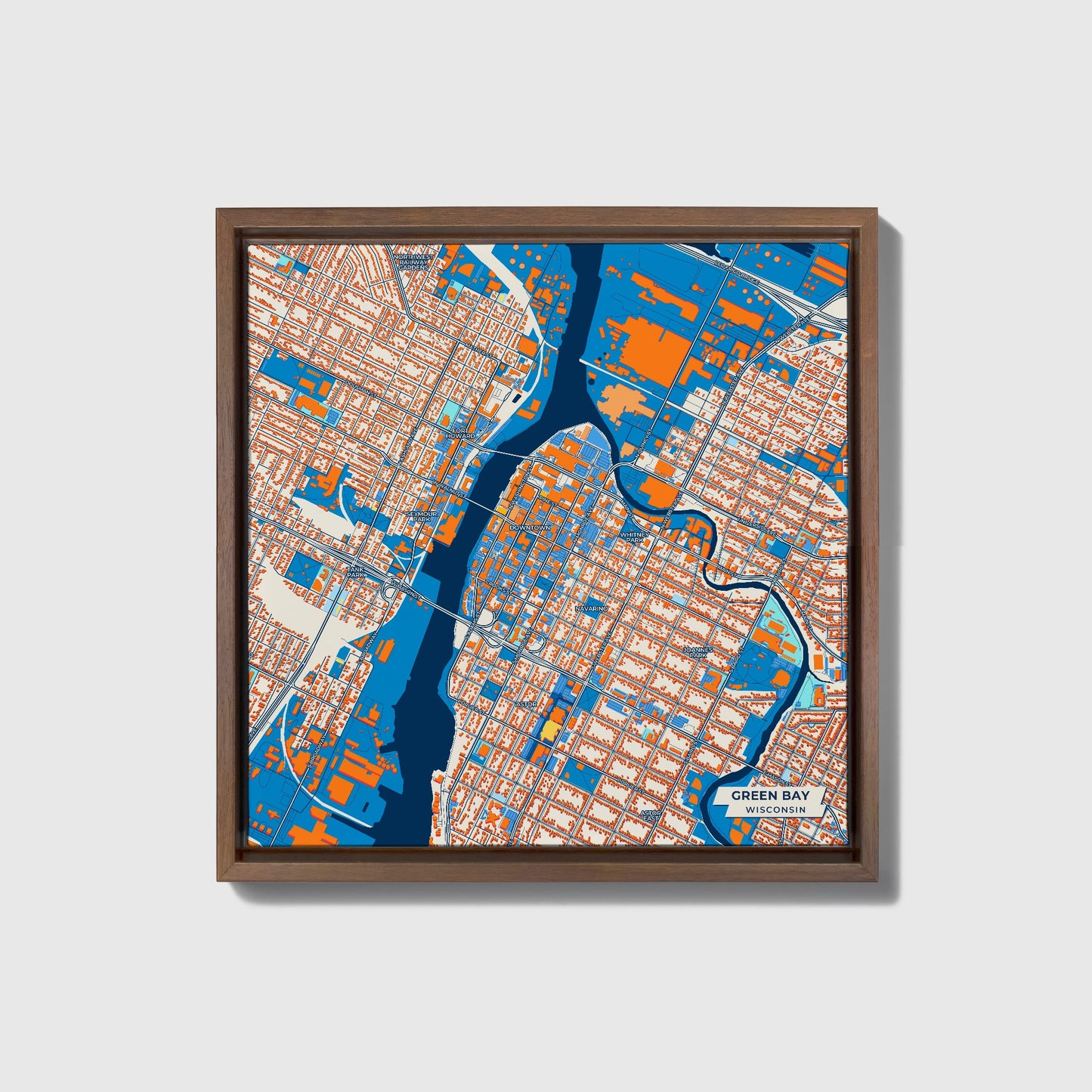 Green Bay Wisconsin Colorful City Map Canvas Print • Dark Wooden Framed