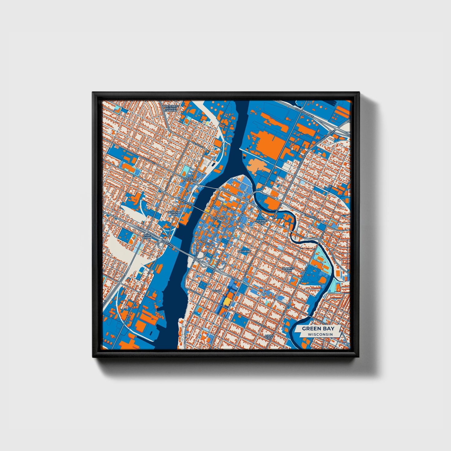 Green Bay Wisconsin Colorful City Map Canvas Print • Black Framed
